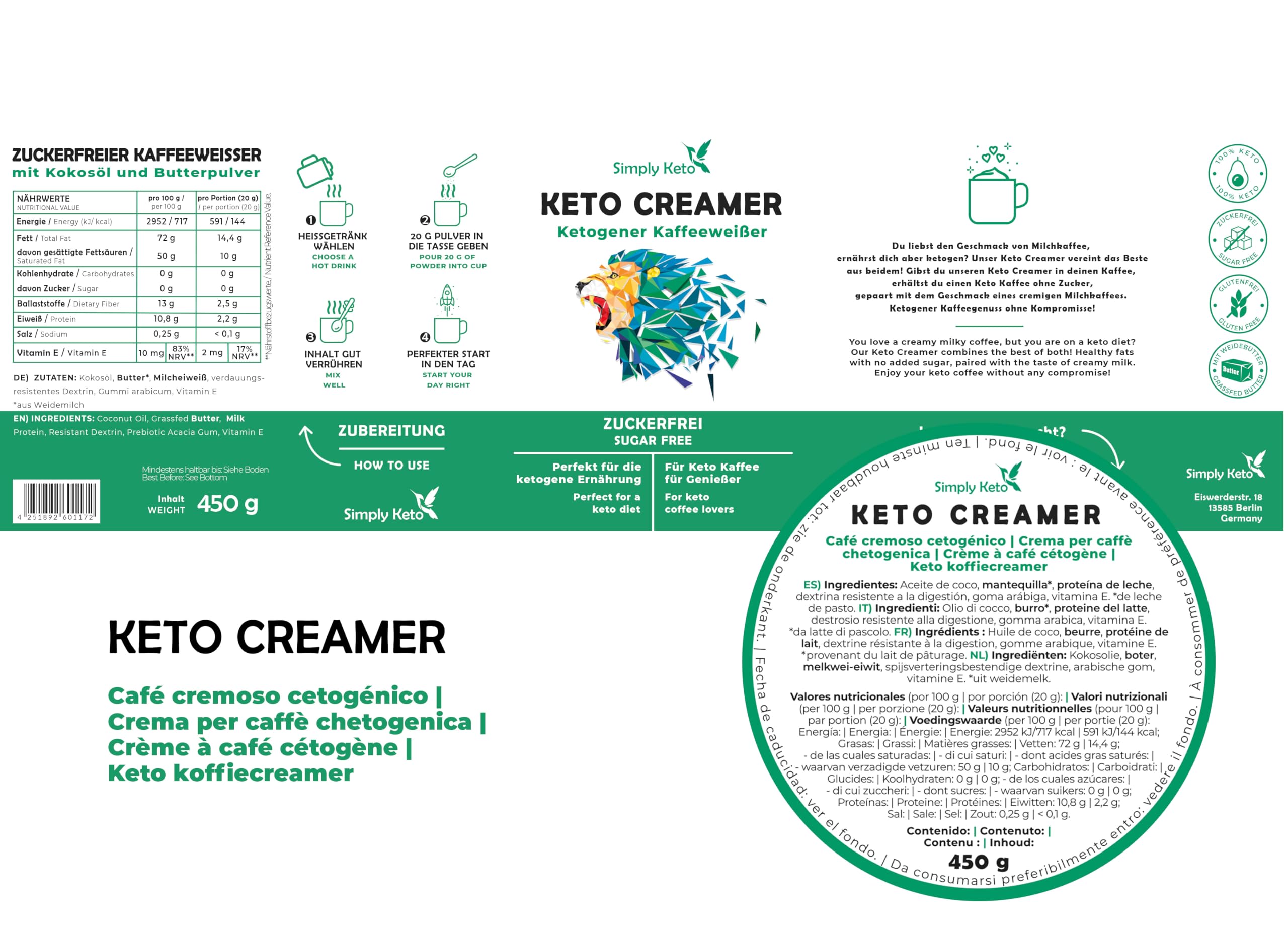 Simply Keto Keto Creamer Vorratsdose 450g - Ohne Zuckerzusatz ketogener Kaffeeweißer für leckeren Milchkaffee - Mit Kokosöl & Weidebutter - Ohne Zucker & Kohlenhydrate - Optimiert für Geschmack