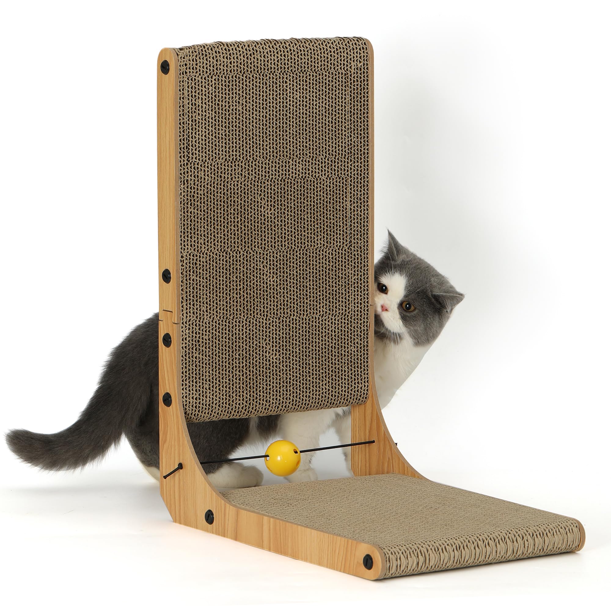 FUKUMARU Kratzbrett Katzen, 68 cm hohe L förmige Kratzpappe für Katzen, widerstandsfähig Katzenkratzbrett mit Ballspielzeug, Kratzmöbel aus hochwertiger Karton für Wand und Ecke, Groß