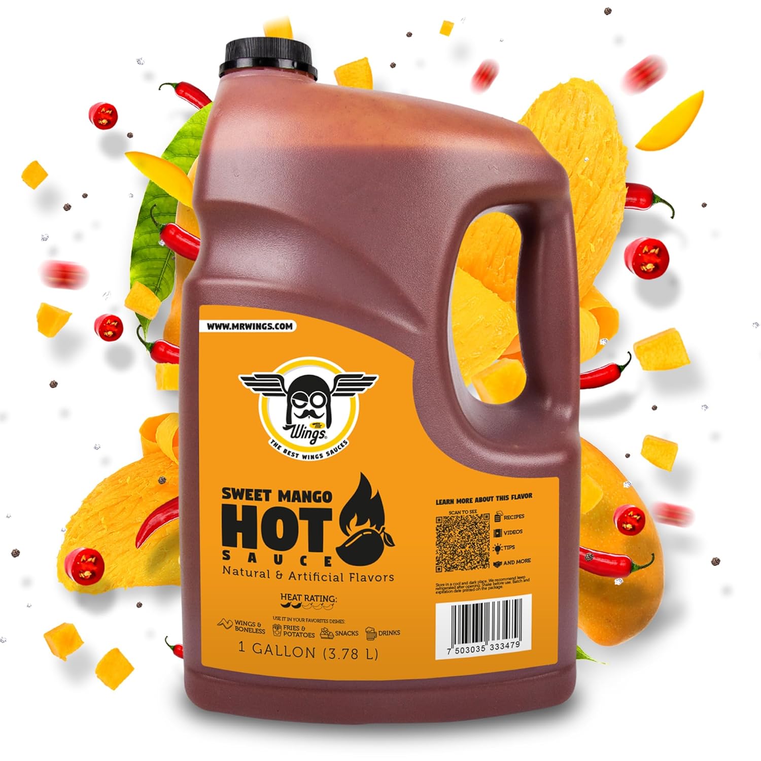 Mr. Wings Sweet Mango Mild Sauce 1 Gallon (128 Fl Oz). Sweet and spicy delight, perfect for boneless chicken, fries, drinks, and your favorite snacks. Large bulk sauce.