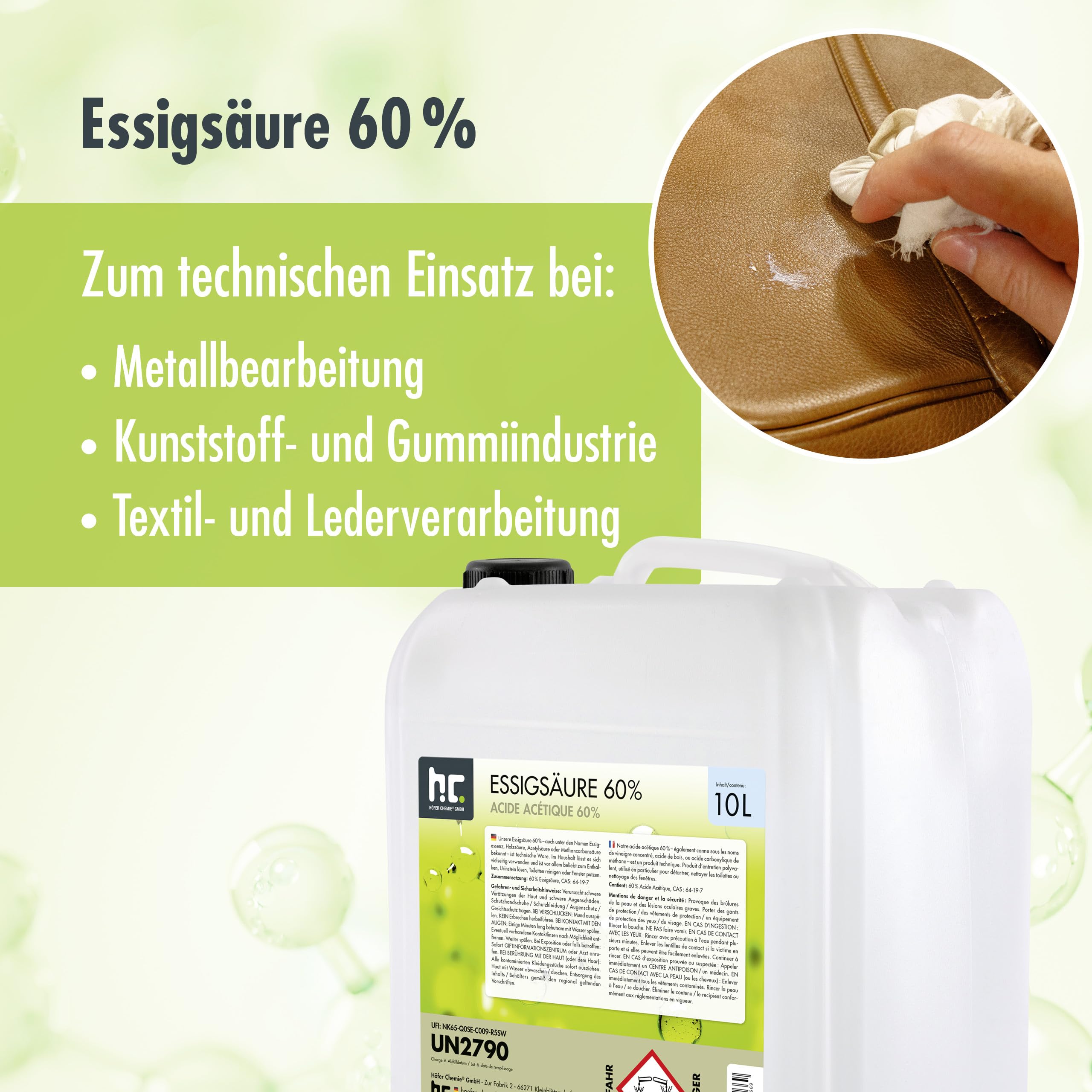 Höfer Chemie 2 x 10 L Essigsäure 60% - optimaler Reiniger und Entkalker - Premium Qualität Made in Germany - frisch abgefüllt im handlichen Kanister
