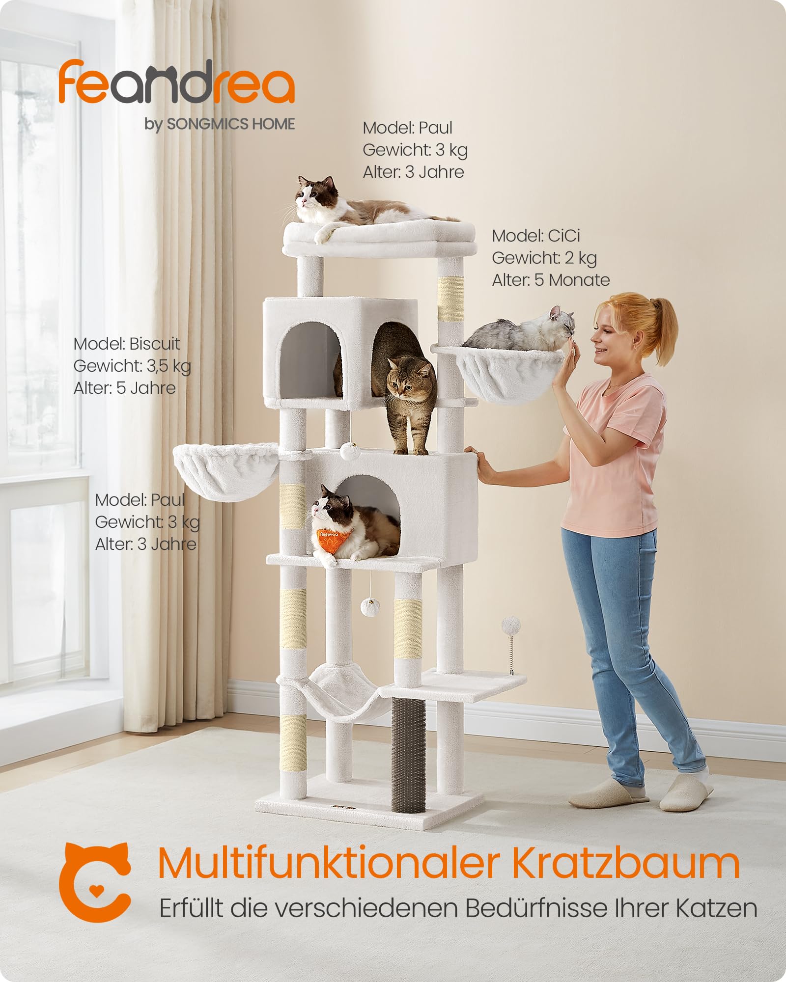 Feandrea Kratzbaum, 175 cm hoch, XL, mehrstöckiger Katzenbaum mit 2 Höhlen, 2 Liegemulden, 5 Kratzsäulen, Katzenbürste, große Plattform, Taubengrau PCT182G01
