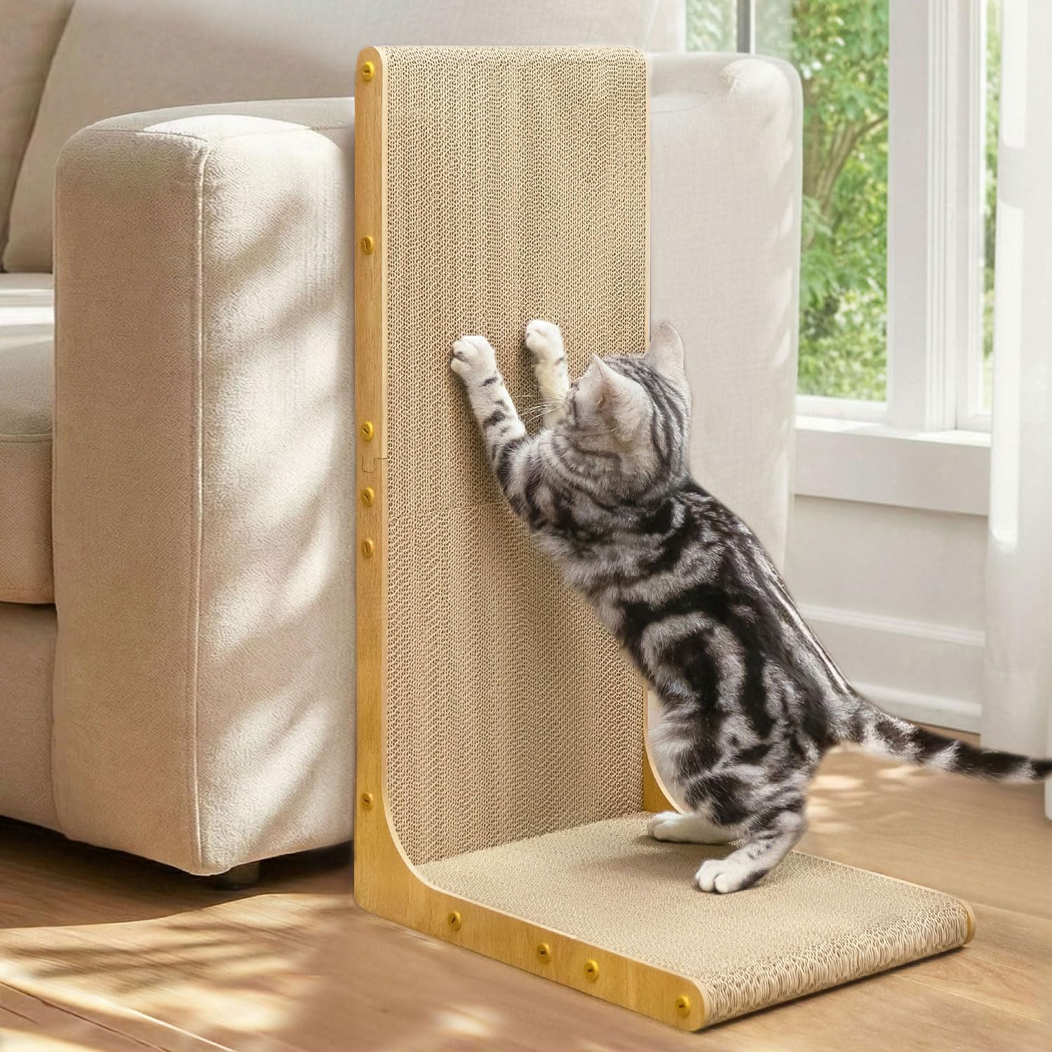 Conlun Kratzbrett für Katzen, 58 cm L-förmige Wandmontage, vertikale Kratzfläche, strapazierfähige Pappe zum Möbelschutz für Wohnungskatzen, Groß,Holzoptik