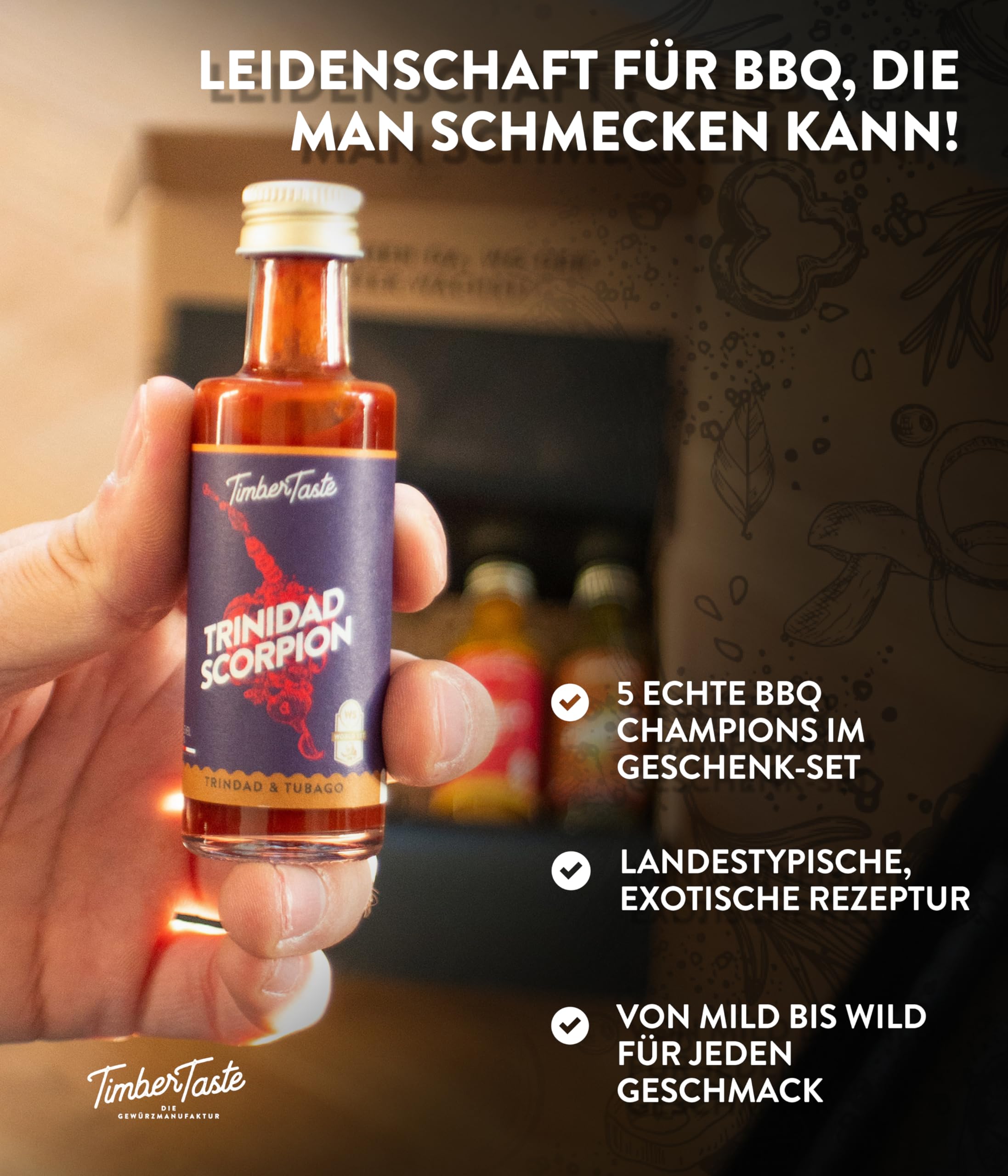 TIMBER TASTE® Chili Geschenkset scharfe Soßen Set - 5 Hot Sauce Set je 40ml in Geschenkverpackung für Liebhaber & Genießer scharfer Saucen | Ostergeschenk Mann | kleine Ostergeschenke Männer