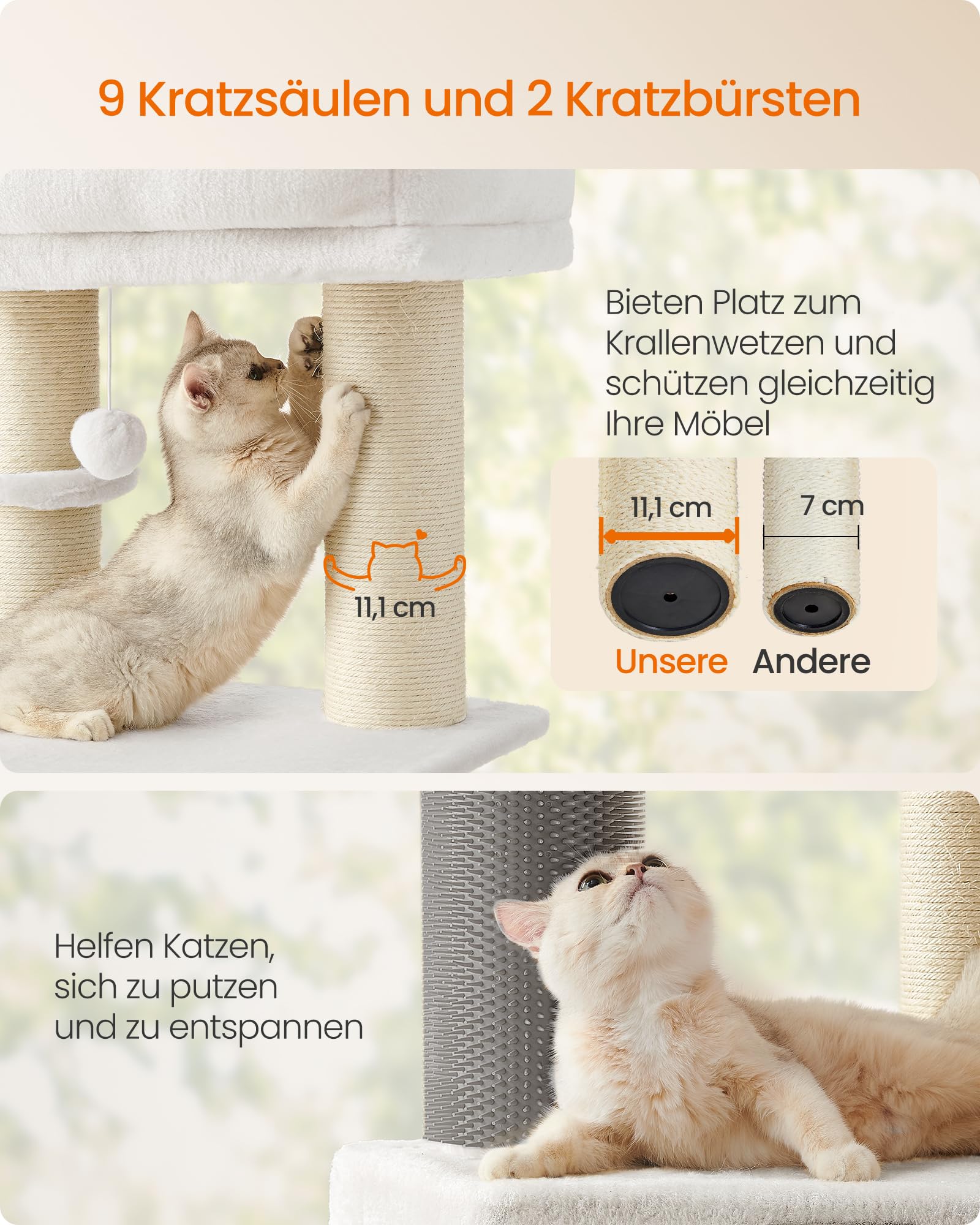 Feandrea Kratzbaum, mit warmen Decken, für große Katze, Katzenbaum, 2 Katzenbürsten, 11,1 cm d Dicke Stämme, große Plattformen, Höhle, 50 x 50 x 160 cm, Taubengrau-schwarz PCT003W01