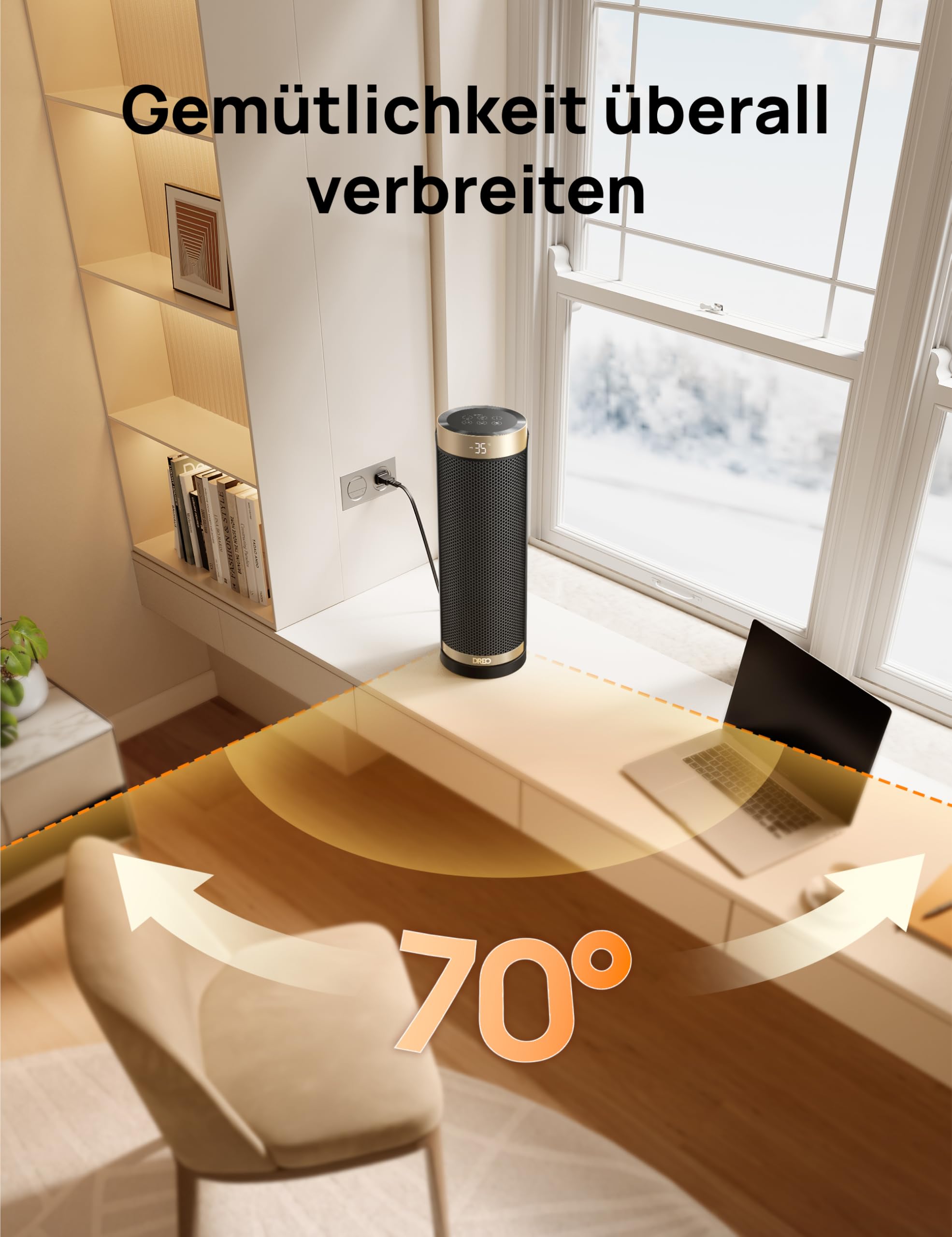Dreo Heizlüfter Energiesparend, PTC Keramik Heizlüfte Leise, 70° Oszillierend Elektroheizung mit Fernbedienung, 12-Std-Timer, 3 Modus 3 Geschwindigkeit, Überhitzungs-Kippschutz, Solaris Slim H3
