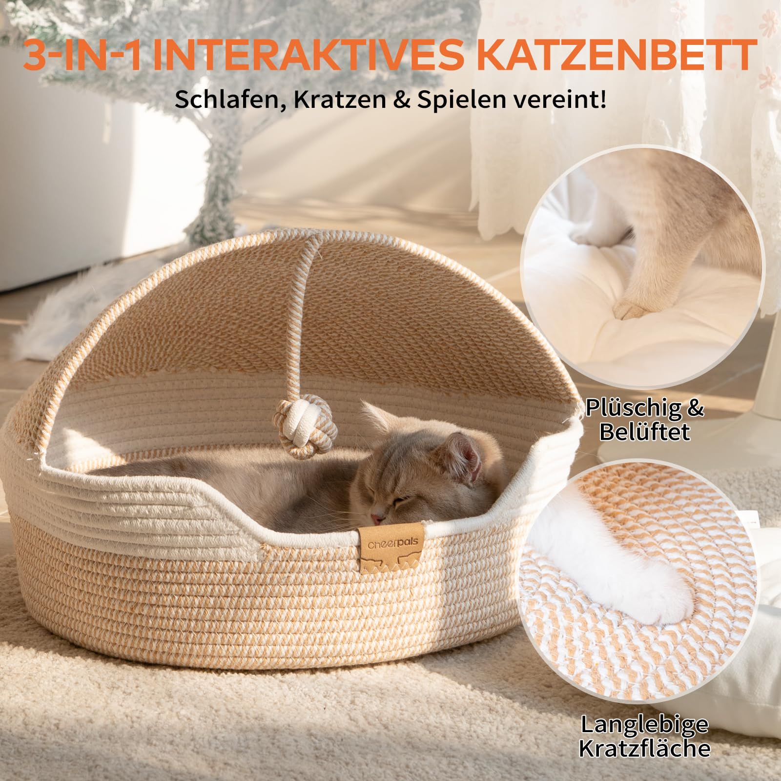CheerPals Katzenbett mit Kissen, 47cm Waschbar Katzenkorb aus Baumwollseilen geflochten, zum Schlafen für Alle Katze, All Season Universal