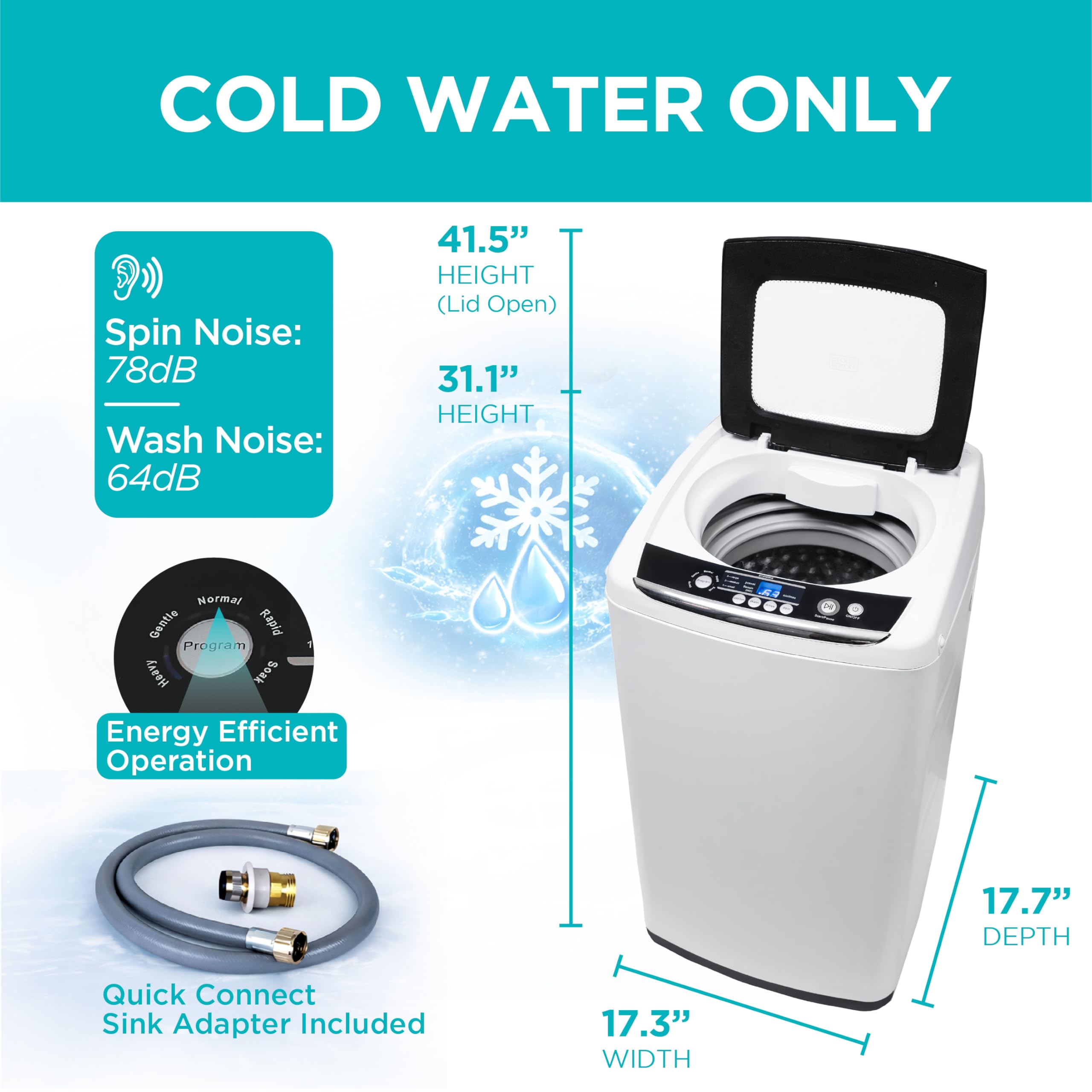 BLACK+DECKER Small Portable Washer, Washing Machine for Household Use, Portable Washer 2.0 Cu. Ft. with 6 Cycles, Transparent Lid & LED Display