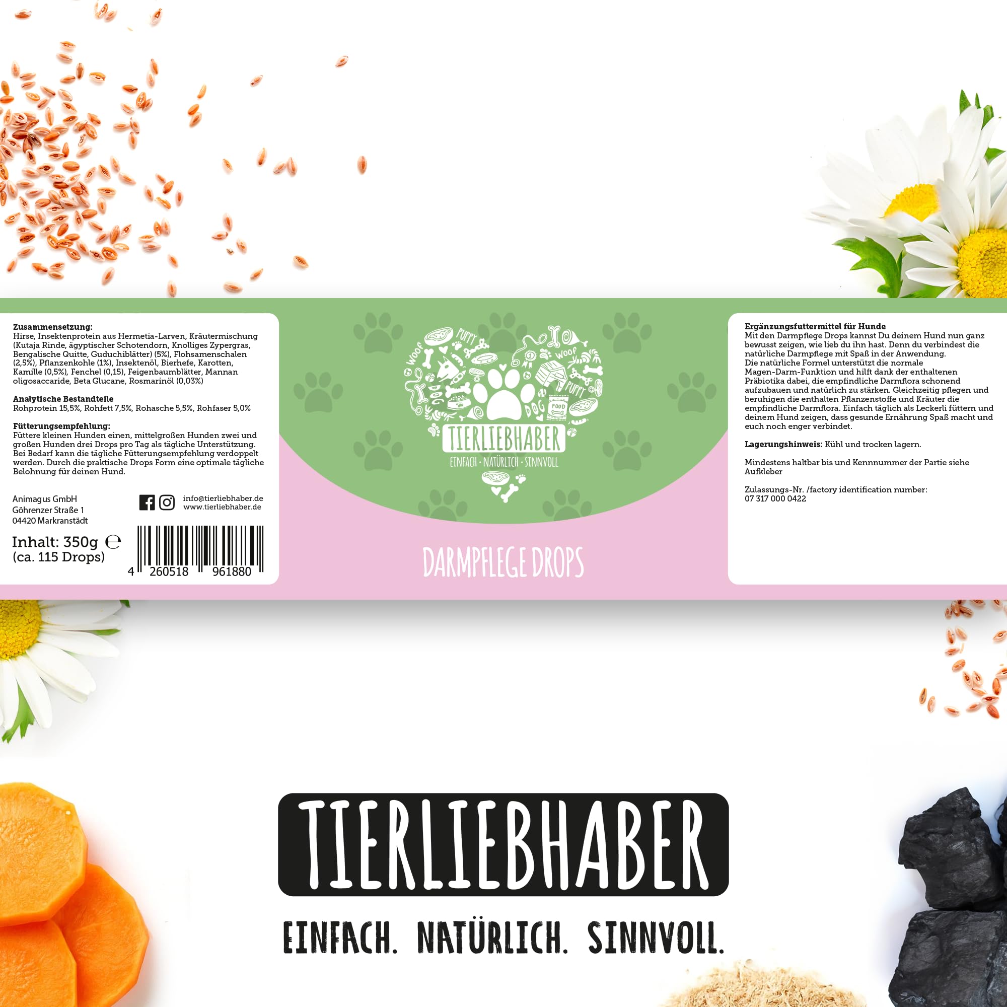 TIERLIEBHABER – Gras- & Kotfresser Drops bei Sodbrennen Hund mit Ulmenrinde für Hunde – Tierärztlich entwickelt – Hund Sodbrennen Drops angereichert mit Moor und Fenchel – 350 g mit ca. 160 Drops