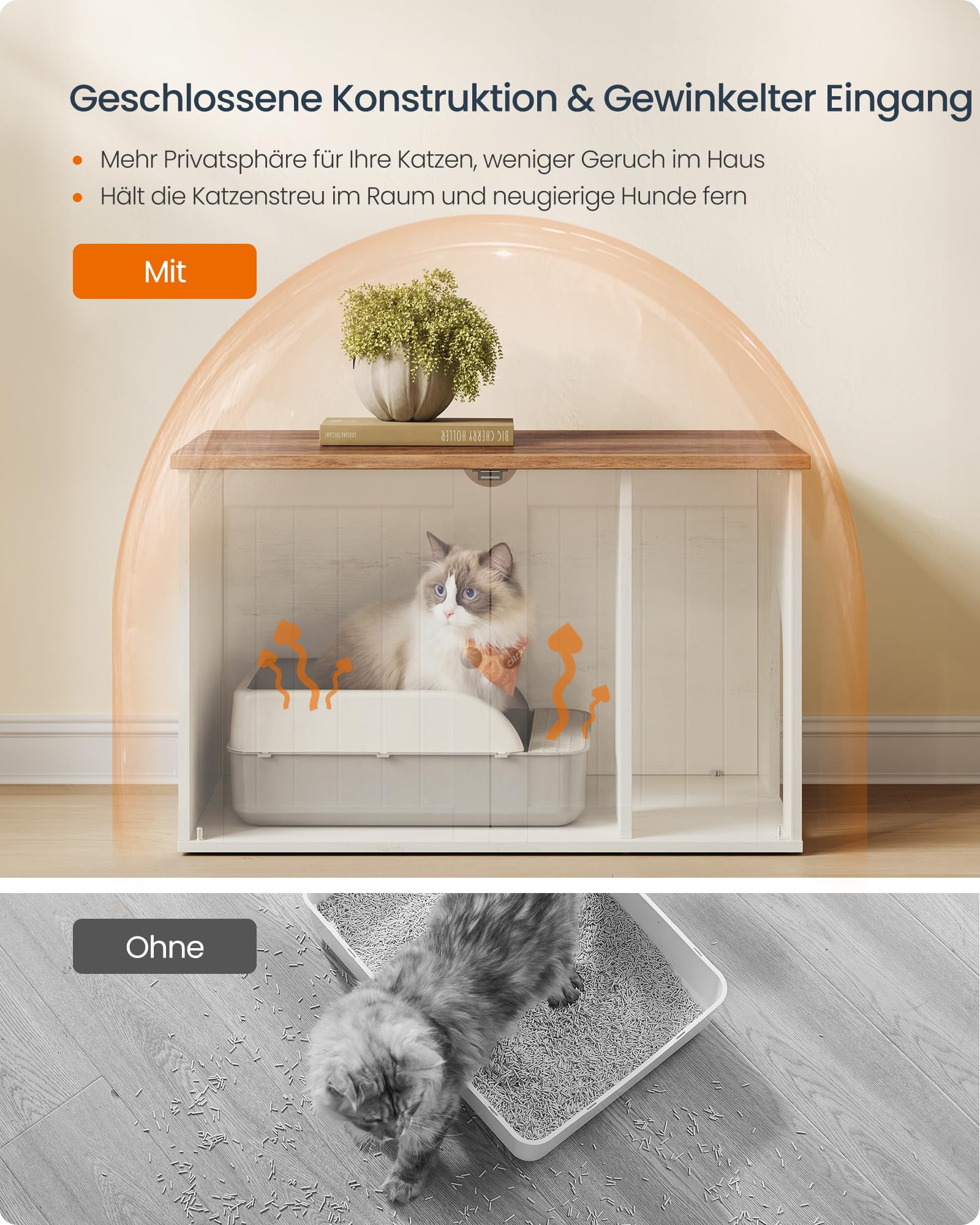 SONGMICS HOME Katzenklo Schrank, superschnelle werkzeuglose Montage, Toolless-Technologie, Katzenhaus für Katzentoilette, Werkzeuglose Montage, Push-to-Open, 80 x 53 x 50cm, schneeweiß PCL013W01