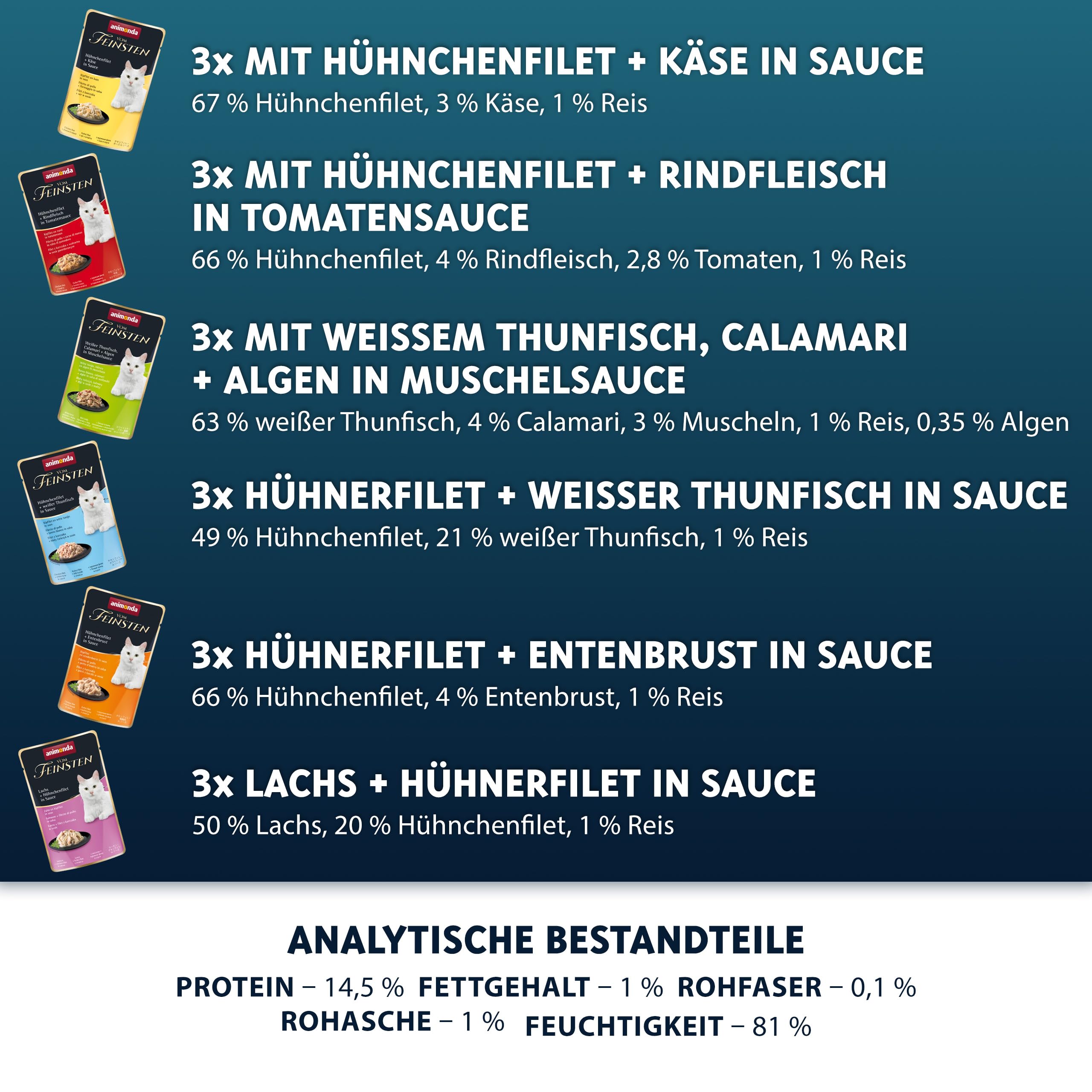 animonda Vom Feinsten Adult Filet Kreationen (18 x 50 g), Nassfutter für ausgewachsene Katzen, Katzenfutter mit Filets in delikater Sauce, Katzennassfutter ohne Getreide und Zucker