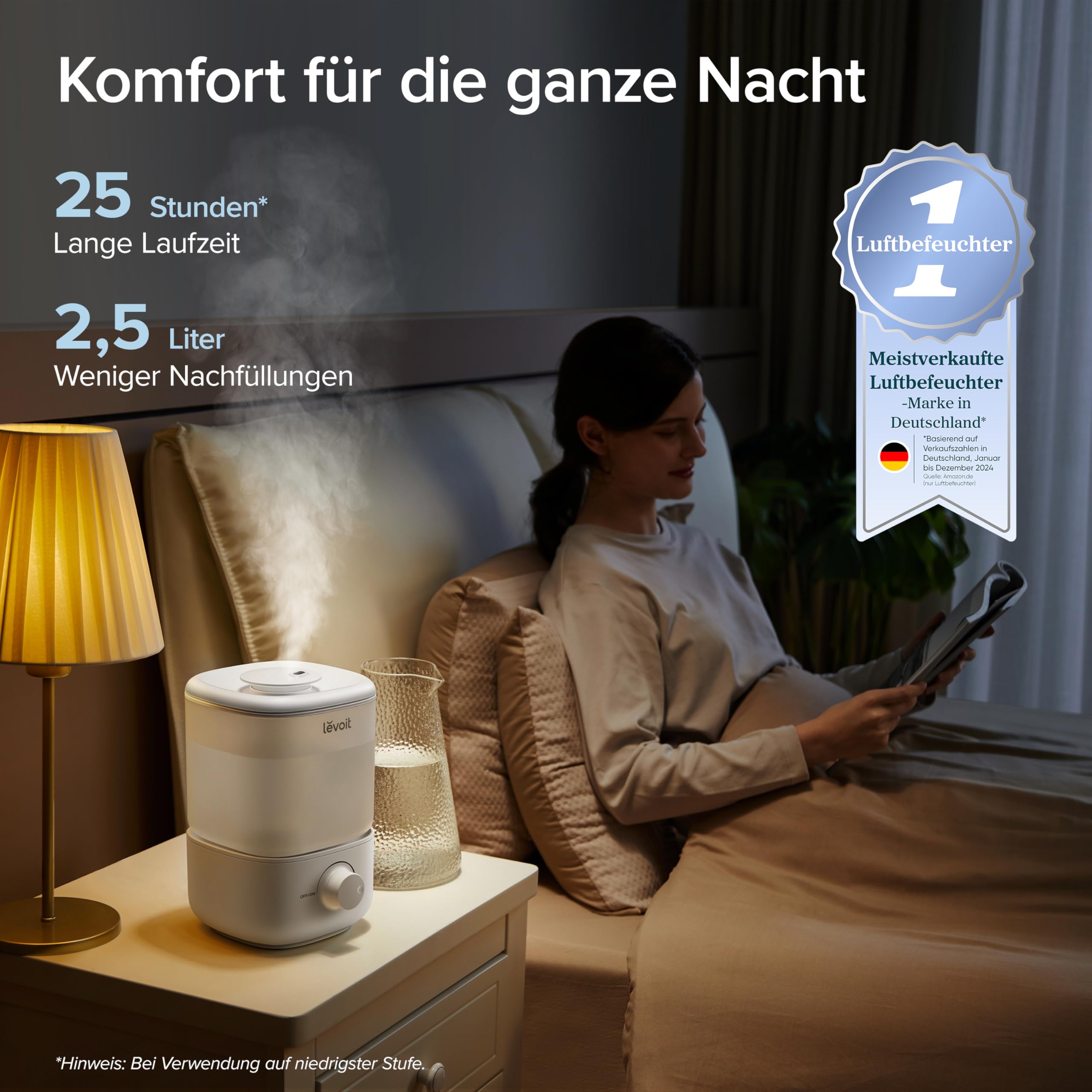 Levoit Luftbefeuchter Schlafzimmer, 23dB leise Humidifier, Top-Fill für Baby, bis 25H, Raumbefeuchter mit 360 grad Drehdüse für Kinderzimmer, Pflanzen, Auto Shut-off, 2,5 L, Weiß