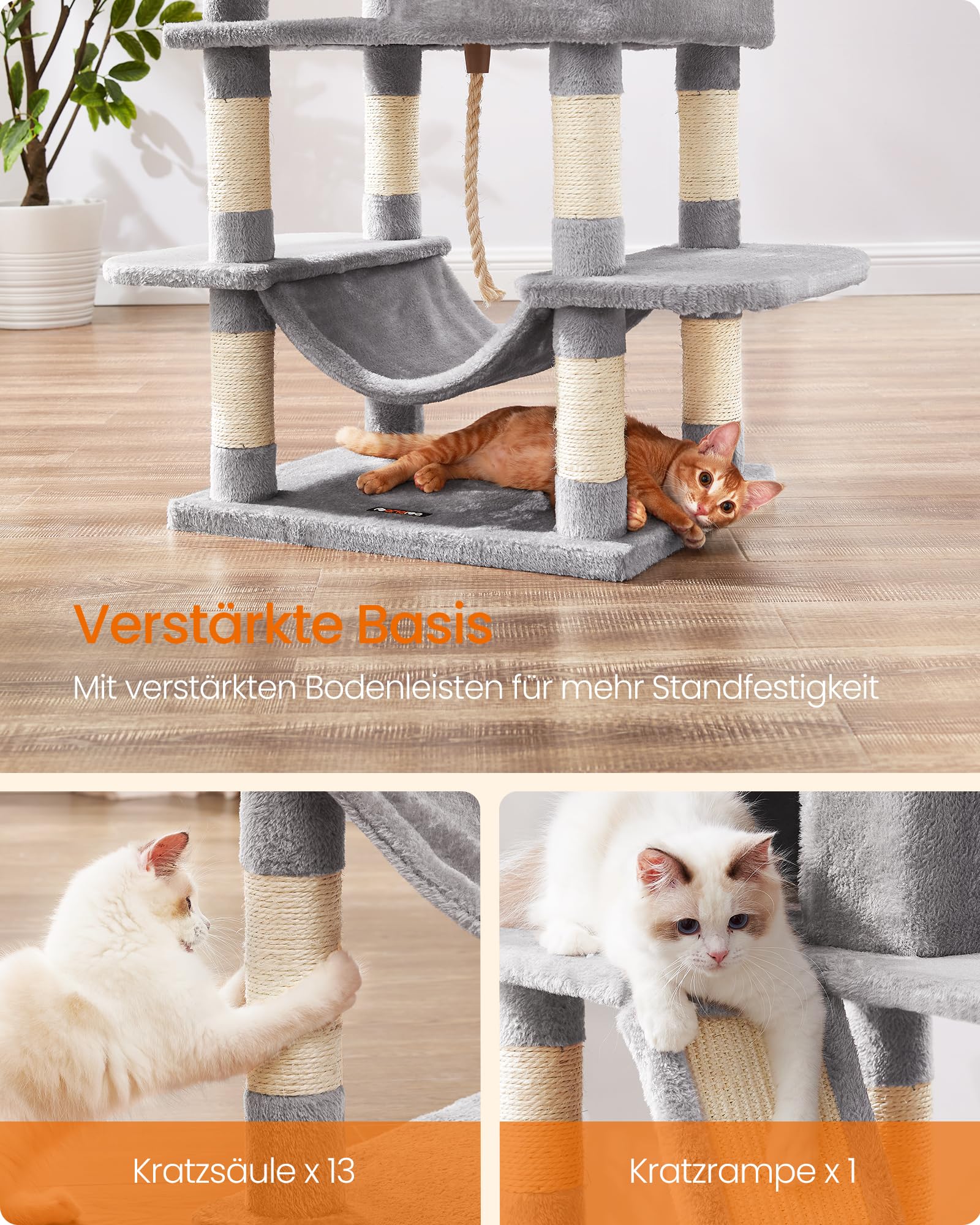 Feandrea Kratzbaum groß, 203,5 cm hoch, XXL Katzenbaum, mit 13 Kratzsäulen, 2 Plattformen, 2 Höhlen, Korb, Hängematte, Plüschbälle, mehrstöckiger Katzenkratzbaum, rauchgrau PCT190G01