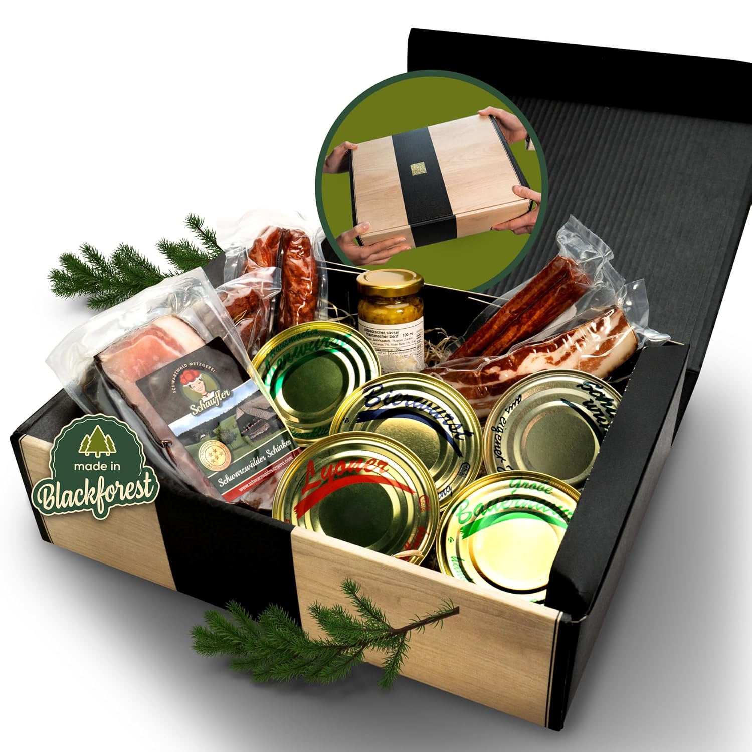 Schwarzwald Metzgerei - Geschenkset "Dosenwurst und mehr" mit verschiedenen Wurtsspezialitäten, Altbadischem Senf, Schinken und Speck - 10-teilig