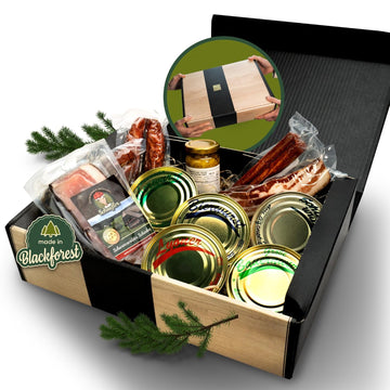 Schwarzwald Metzgerei - Geschenkset "Dosenwurst und mehr" mit verschiedenen Wurtsspezialitäten, Altbadischem Senf, Schinken und Speck - 10-teilig