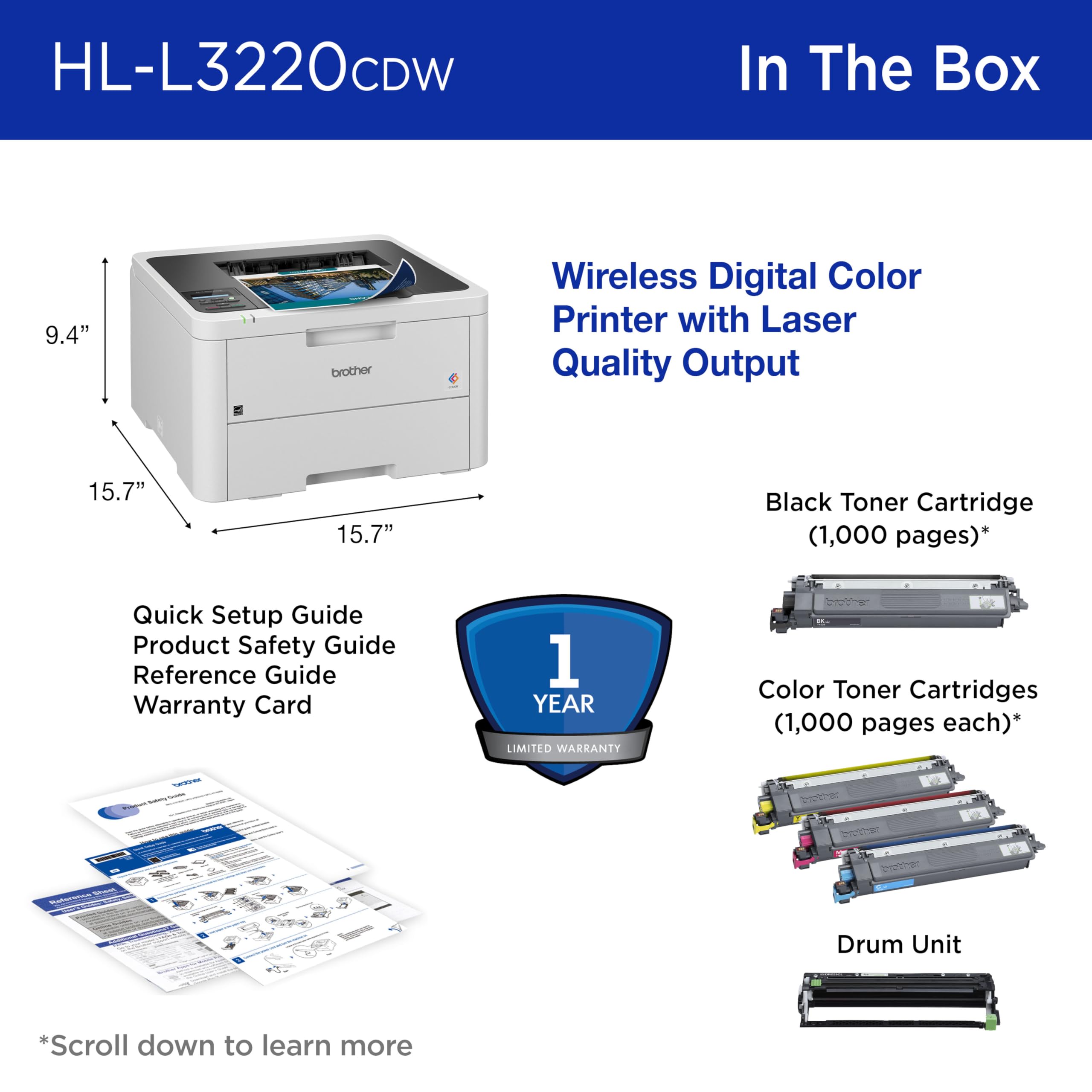 Brother Color Laser Printer with Wireless Printing Fast 19 PPM Output, Duplex Feature, Mobile Device Compatible, 250-Sheet Paper Tray for Professional Home Office Printing (HL-L3220CDW)