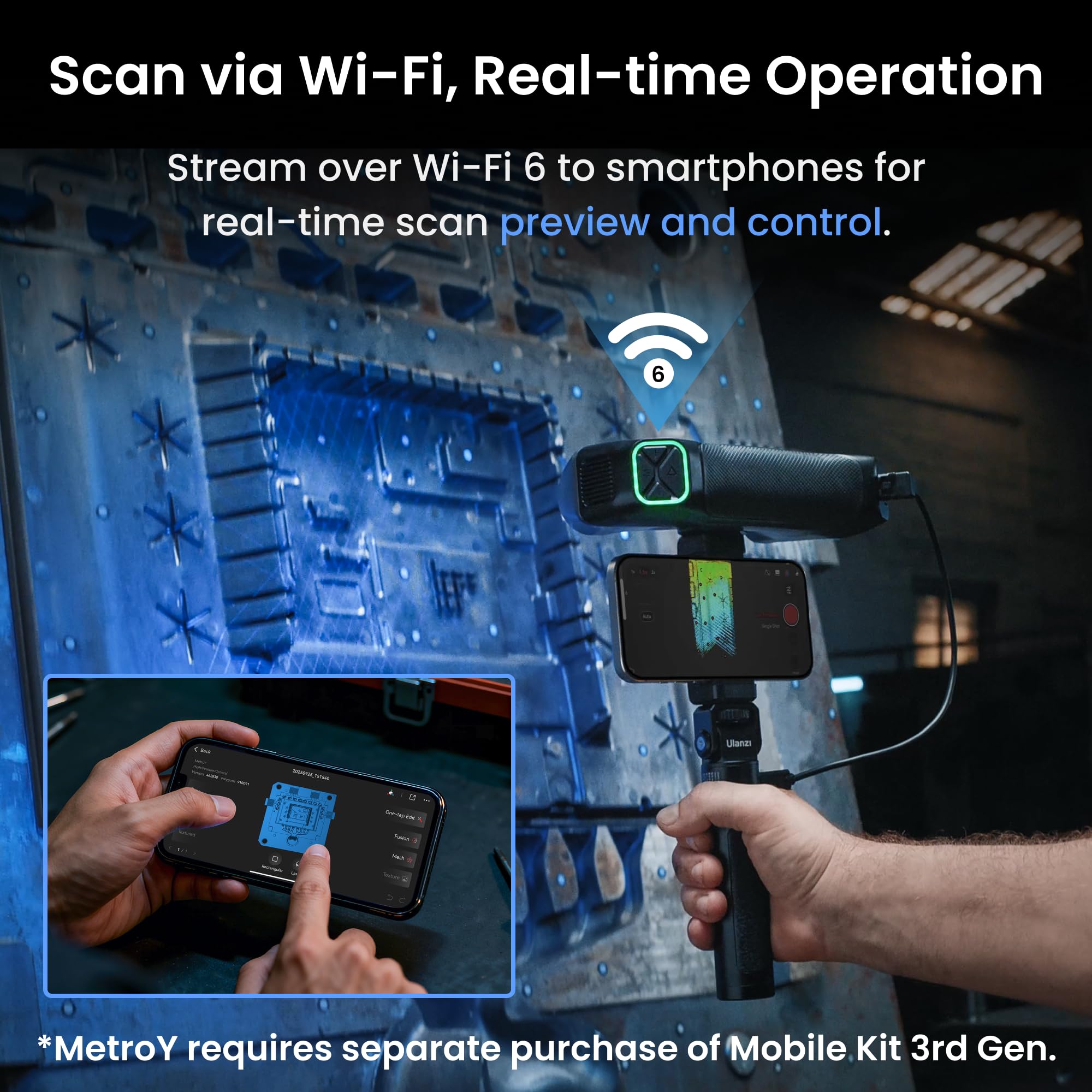 Revopoint MetroY Pro 3D Scanner for 3D Printing, Up to 0.01mm Precision, 34+15+1 Industrial Blue Laser Handheld Scanner, 62-Line Full-Field, Real-time Preview, Bulit-in Wi-Fi 6, Full-Color 3D Scan