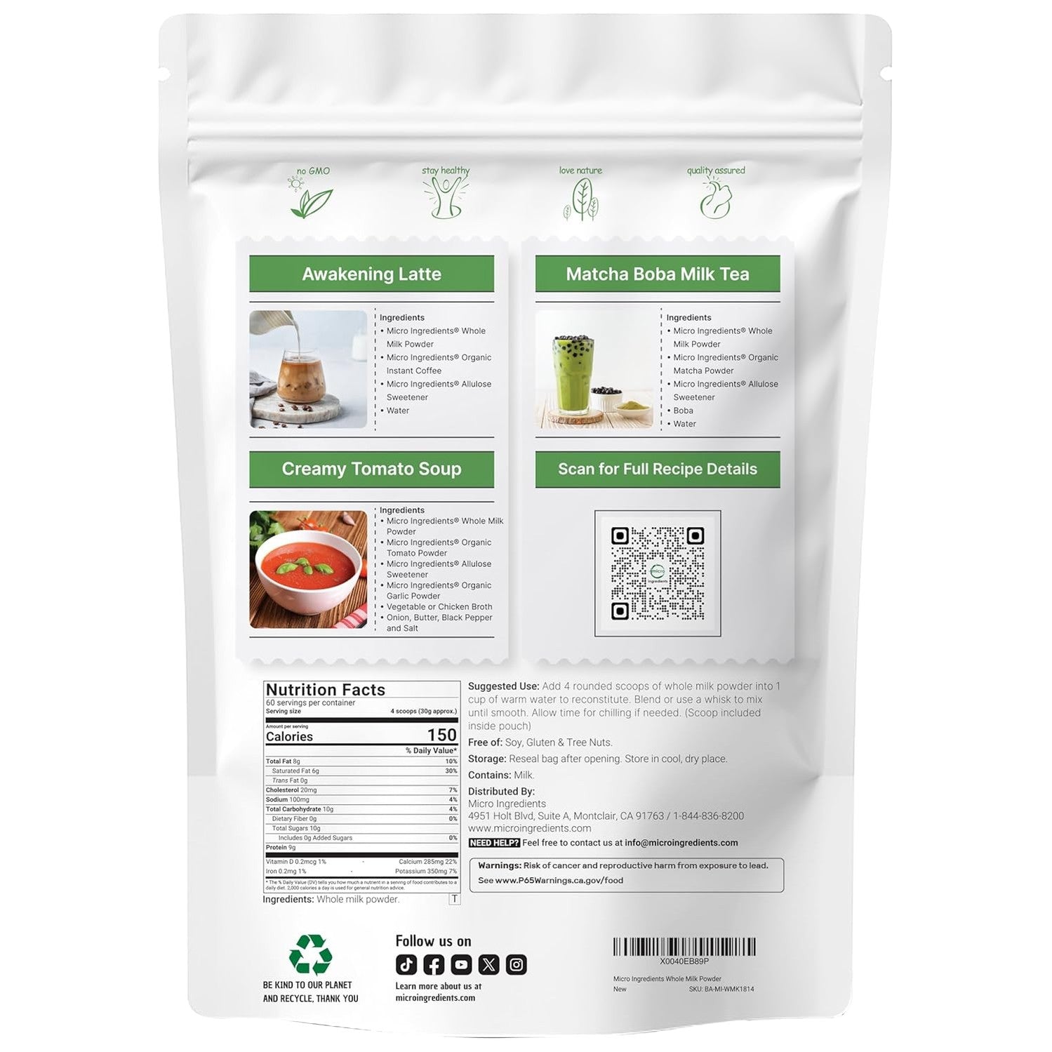 Micro Ingredients Whole Milk Powder, 4 lb | Pasture-Raised, rBST-Free | Pure & Rich in Protein | Ideal for Baking & Everyday Use | Non-GMO, Gluten-Free, Premium Grade