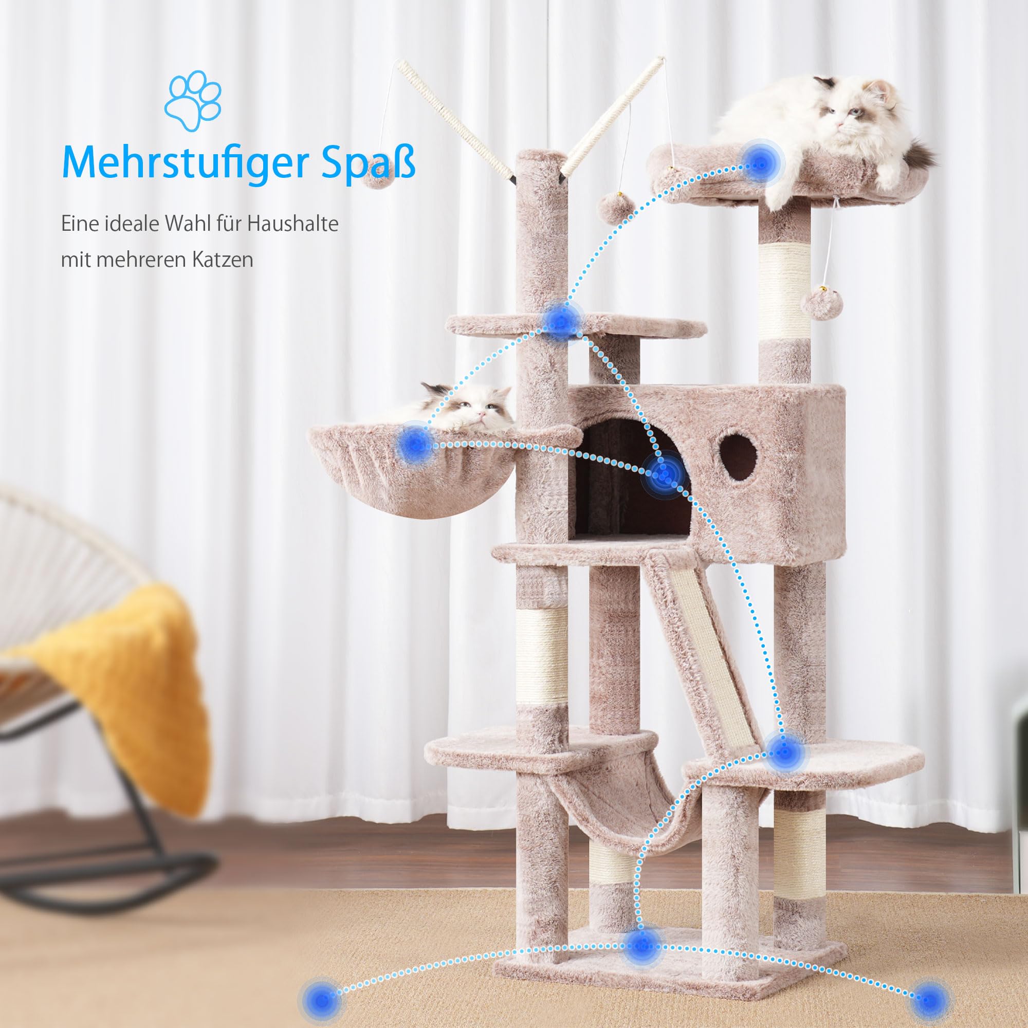 Hey-Brother Kratzbaum, 135 cm Indoor Katzenbaum, Mit gepolsterter Plattform Bett, Spielzeug Ball, Höhlen, Hängematte und Sisal Kratzbaum Katzenhaus, Hellgrau MPJ019-SW