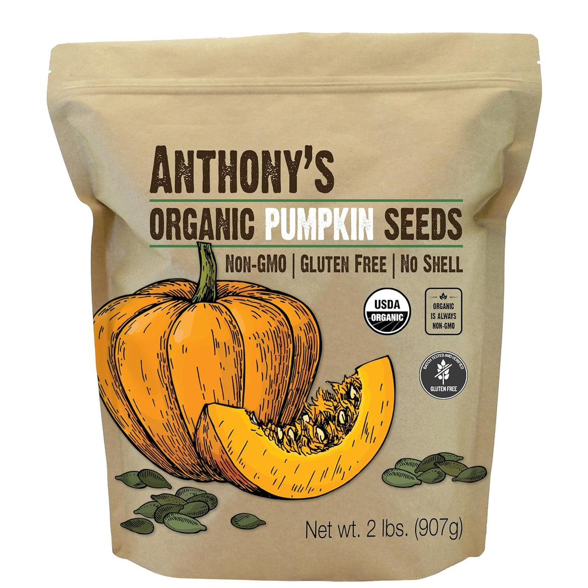 Anthony's Organic Pumpkin Seeds, 2 lb, Gluten Free, Non GMO, No Shell, Unsalted, Raw