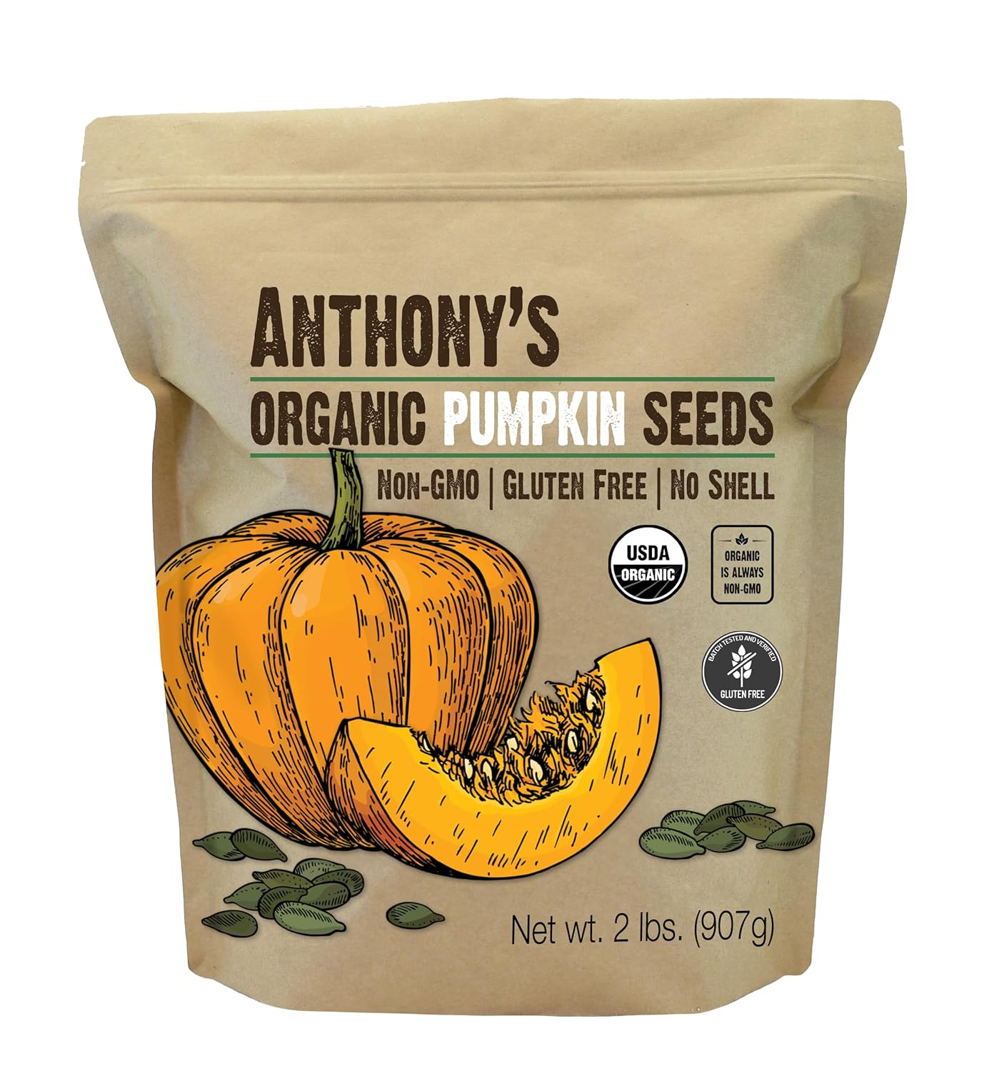 Anthony's Organic Pumpkin Seeds, 2 lb, Gluten Free, Non GMO, No Shell, Unsalted, Raw