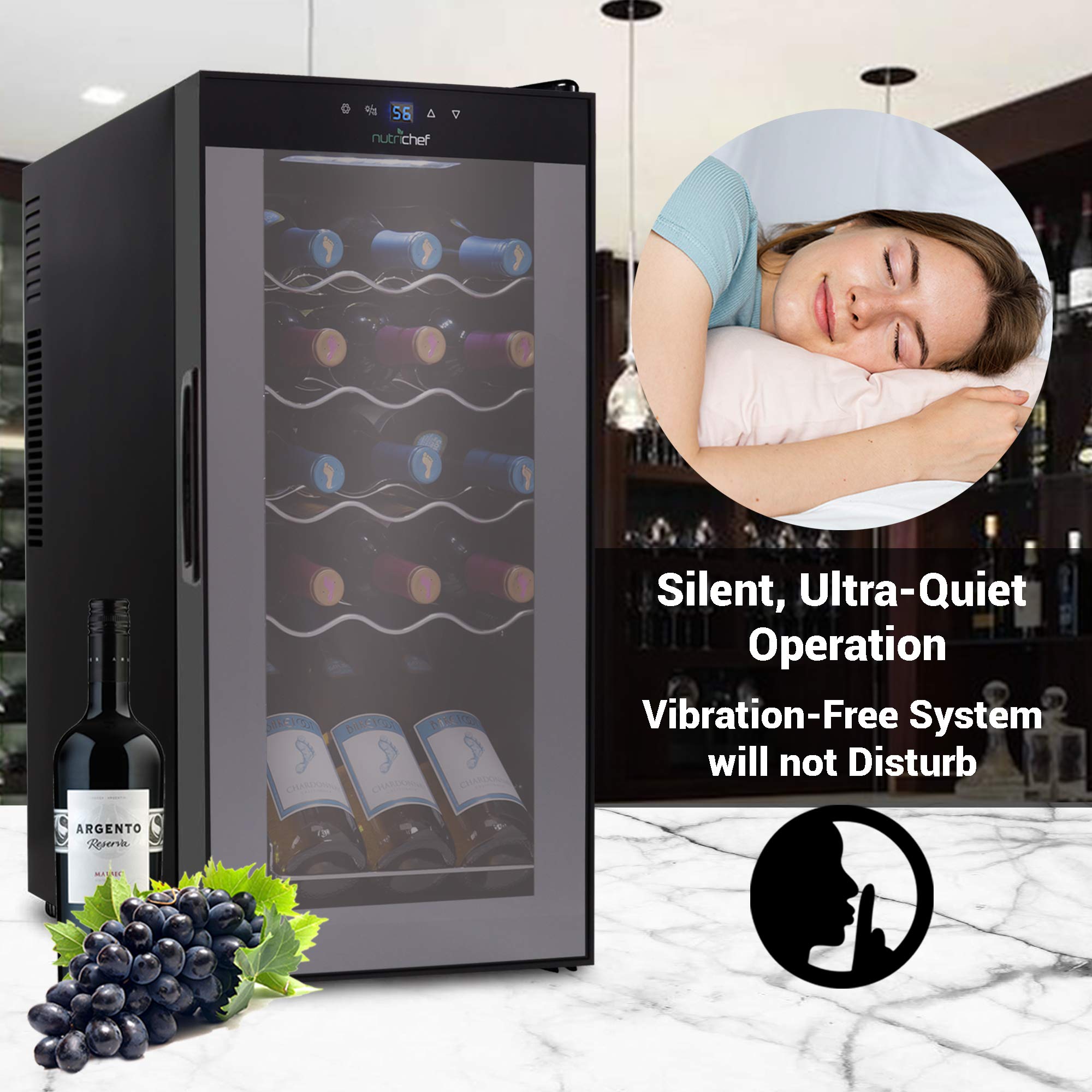 Nutrichef 12 Bottle Stainless Steel Slim Wine Fridge | Red & White Wine Chiller | Adjustable Temperature Control, Ultra Quiet Operation & Energy Efficient | Mini Wine Cooler Refrigerator | 31x10x17 IN