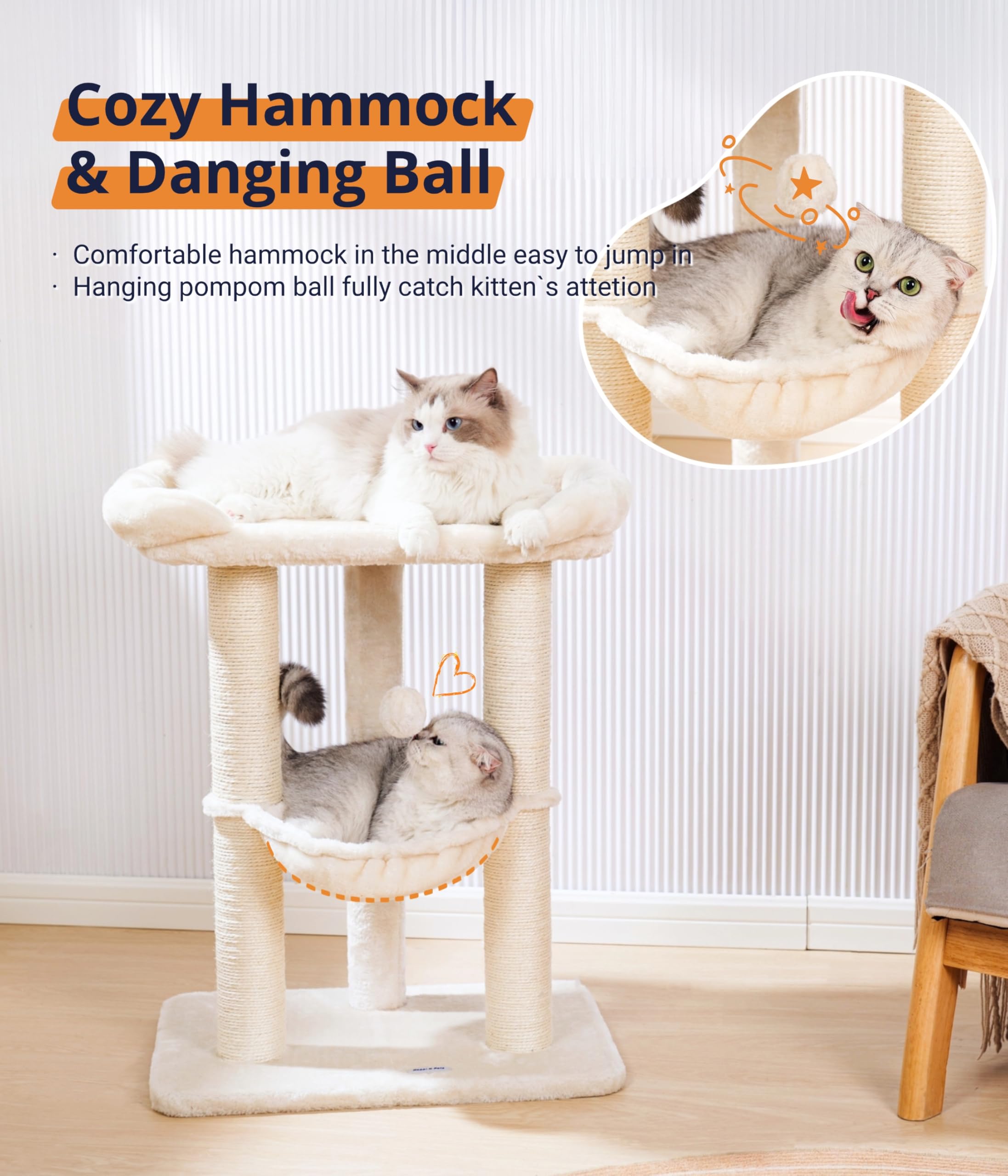Happi N Pets 71CM Kratzbaum für Katzen, Hoher Kratzstamm mit großem Bett für große Katzen, Sisal-Kratzbaum mit weicher Liegefläche & Hängematte, Stabiler Katzenbaum, Abnehmbarer Bezug-Beige