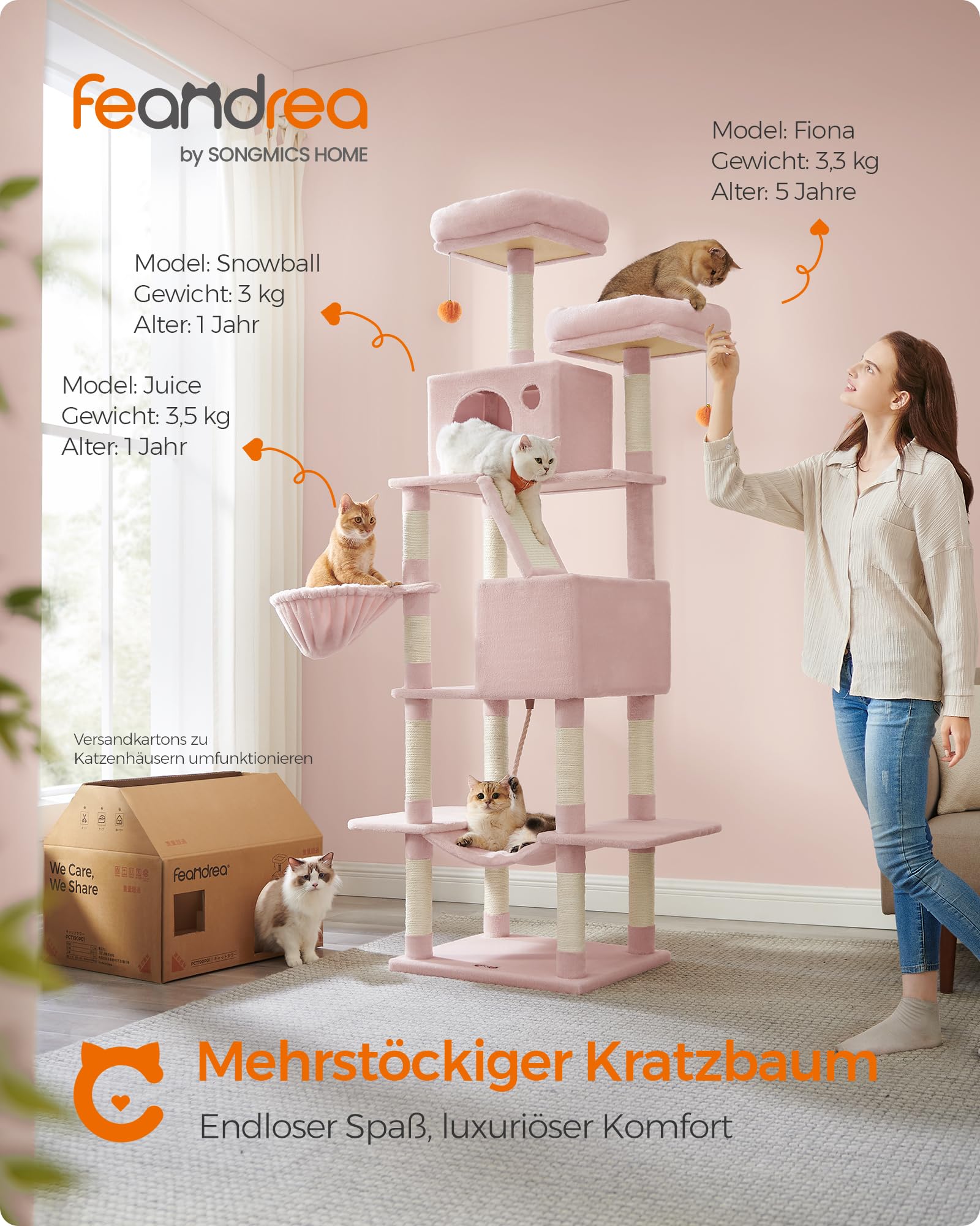 Feandrea Kratzbaum groß, 203,5 cm hoch, XXL Katzenbaum, mit 13 Kratzsäulen, 2 Plattformen, 2 Höhlen, Korb, Hängematte, Plüschbälle, mehrstöckiger Katzenkratzbaum, rauchgrau PCT190G01