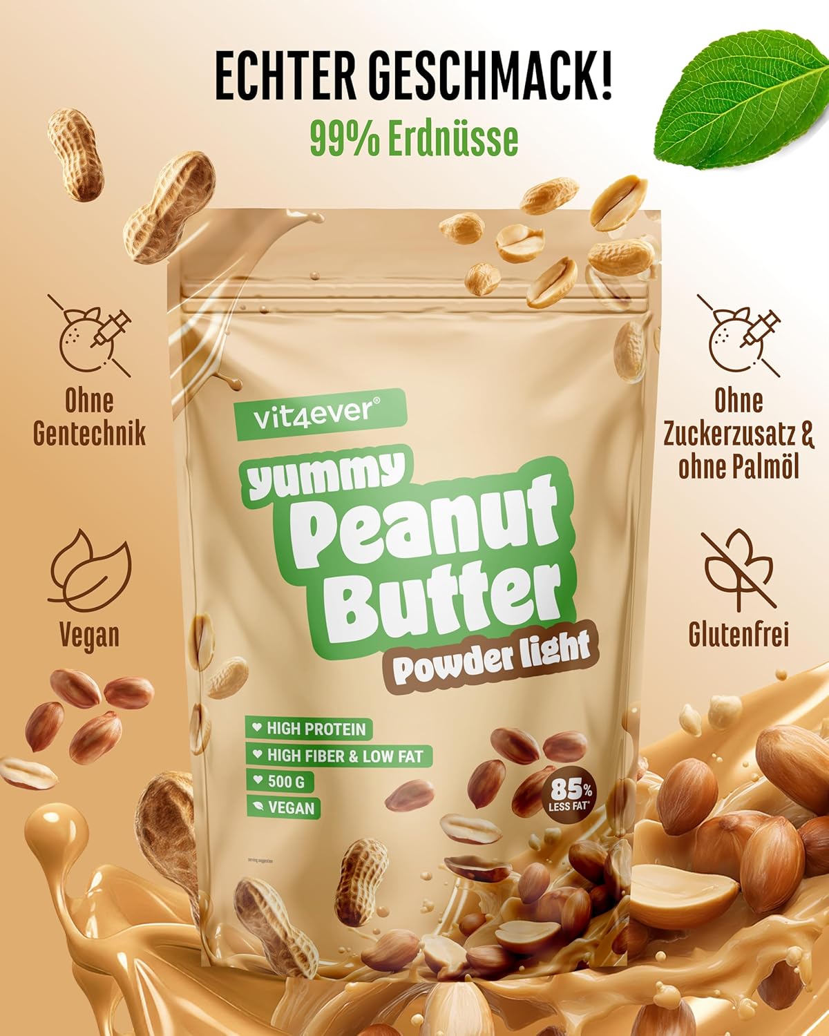 vit4ever Erdnussbutter light Pulver 500 g - Powdered Peanut Butter 85% weniger Fett, ohne Zucker - Peanutbutter Creme mit leckerem Geschmack