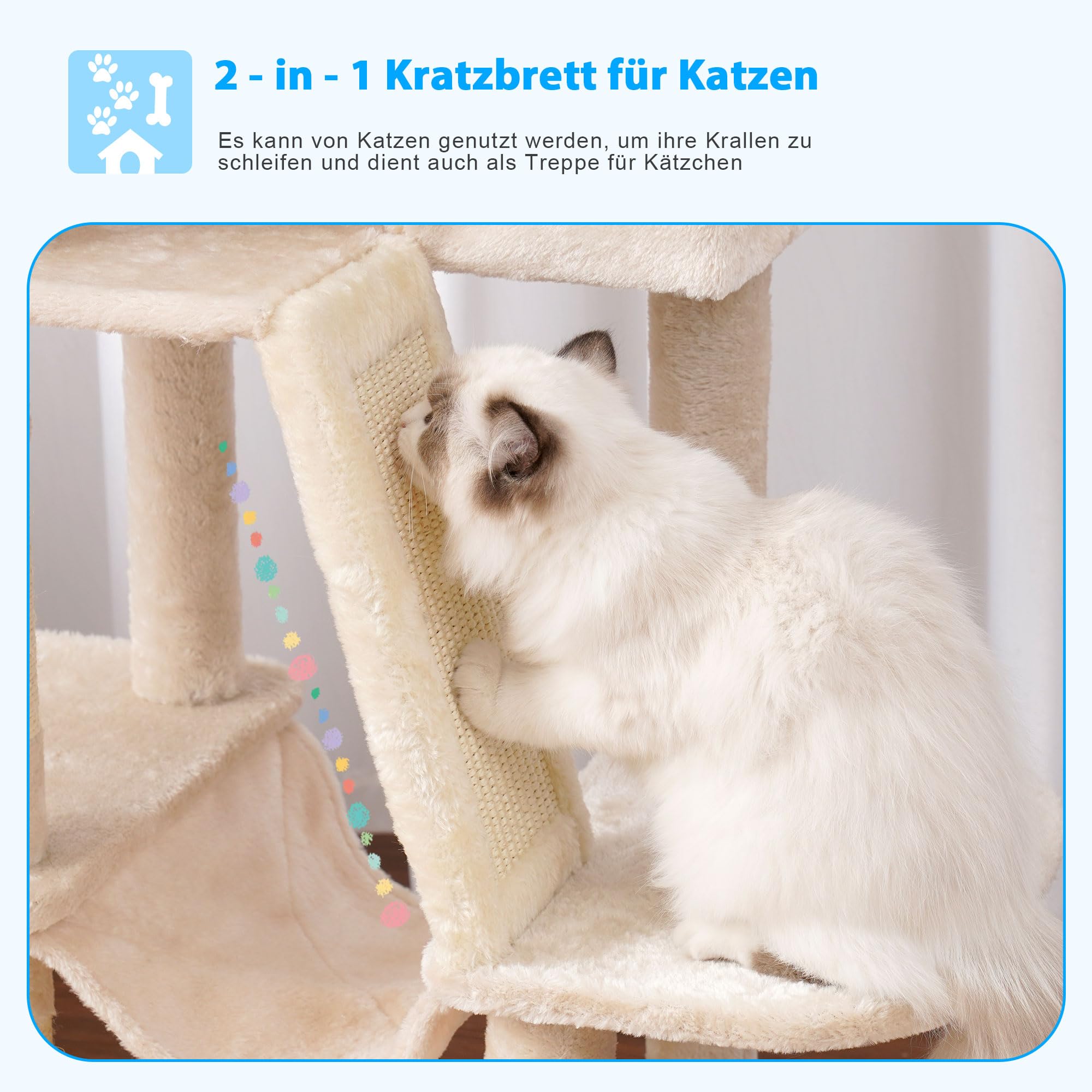 Hey-Brother Kratzbaum, 135 cm Indoor Katzenbaum, Mit gepolsterter Plattform Bett, Spielzeug Ball, Höhlen, Hängematte und Sisal Kratzbaum Katzenhaus, Hellgrau MPJ019-SW