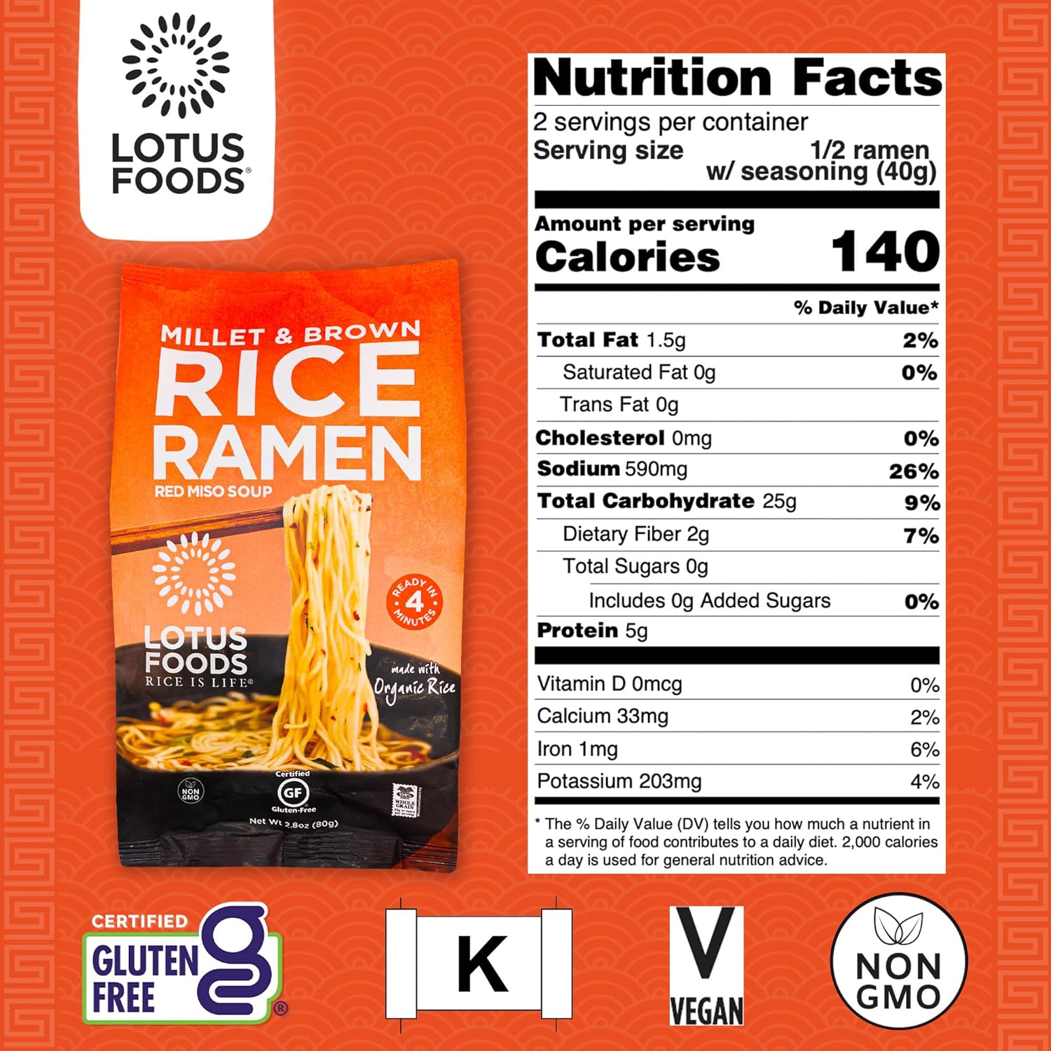 Lotus Foods Bulk Food Organic Millet & Brown Rice Ramen Noodles with Red Miso Soup, Gluten-Free Easy to Cook & Healthy Japanese Noodles with Instant Gourmet Broth, 2.8 Oz (Pack of 10)