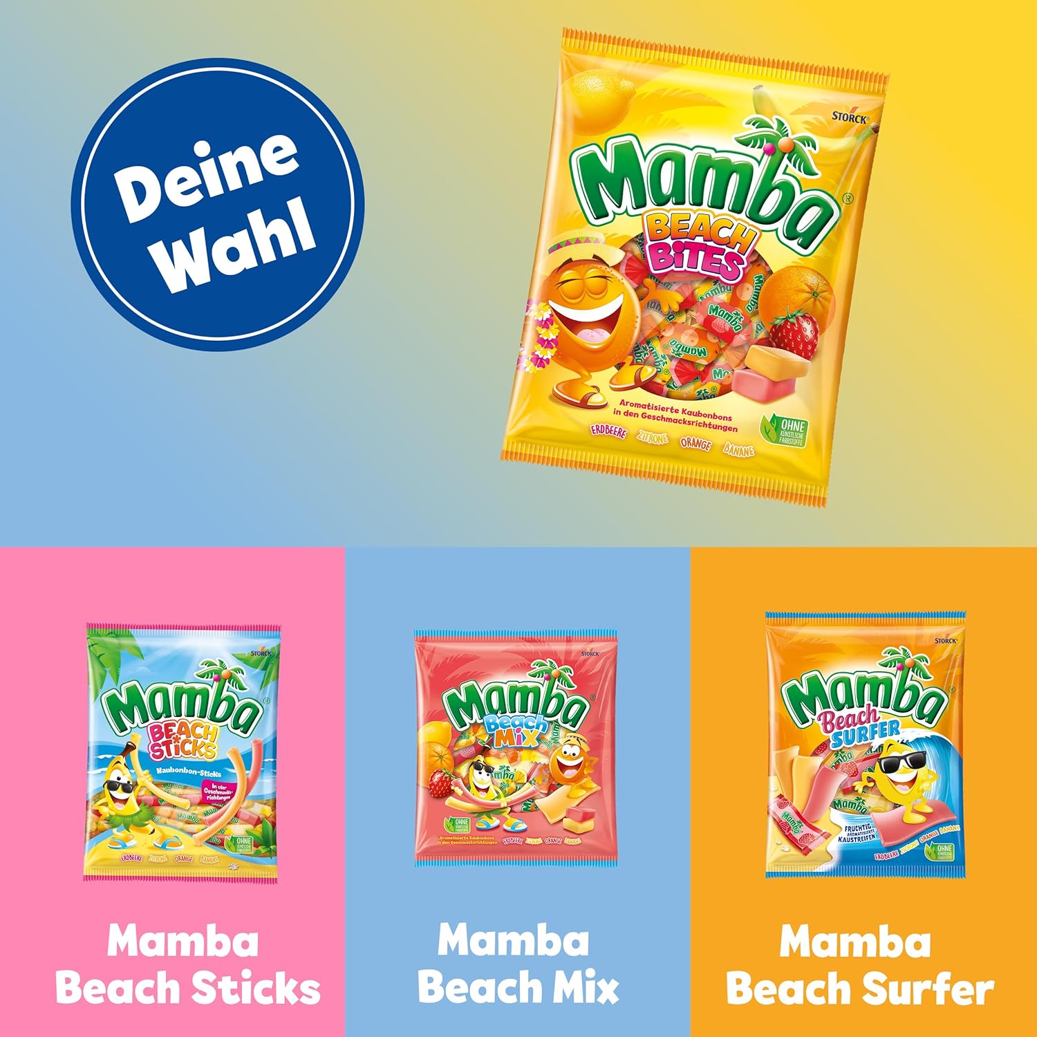 Mamba Beach Mix – 1 x 160g – Fruchtige Kaubonbons mit Mamba Beach Surfer, Mamba Beach Sticks & Mamba Beach Bites – Fruchtgummi Mix einzeln verpackt