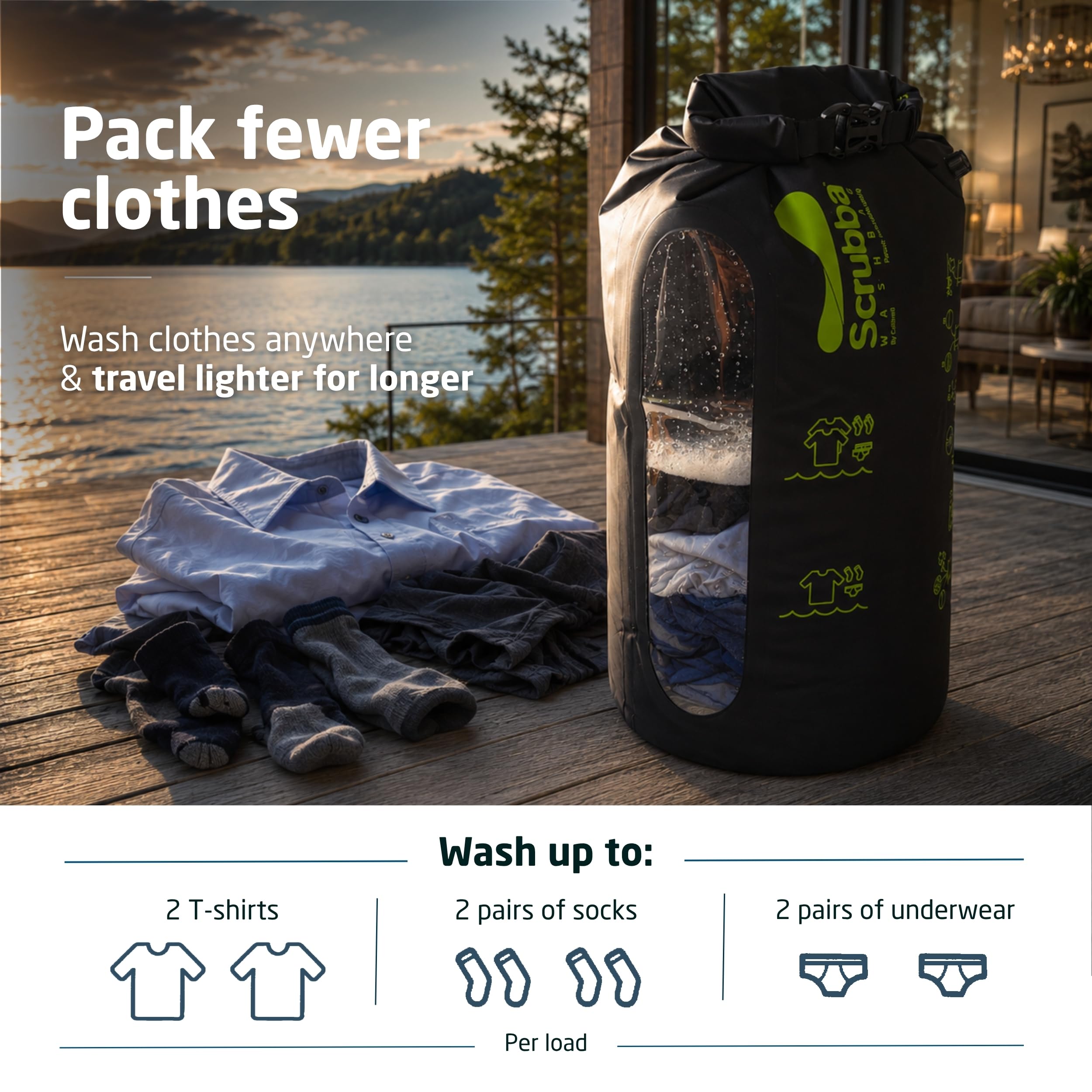 Scrubba Wash Bag - Patented Washboard-in-a-Bag™ Portable Travel Washing Machine for Camping, Backpacking, Cruises & Hotels - Pack Light, Wash Clothes Anywhere in Minutes (5 oz)