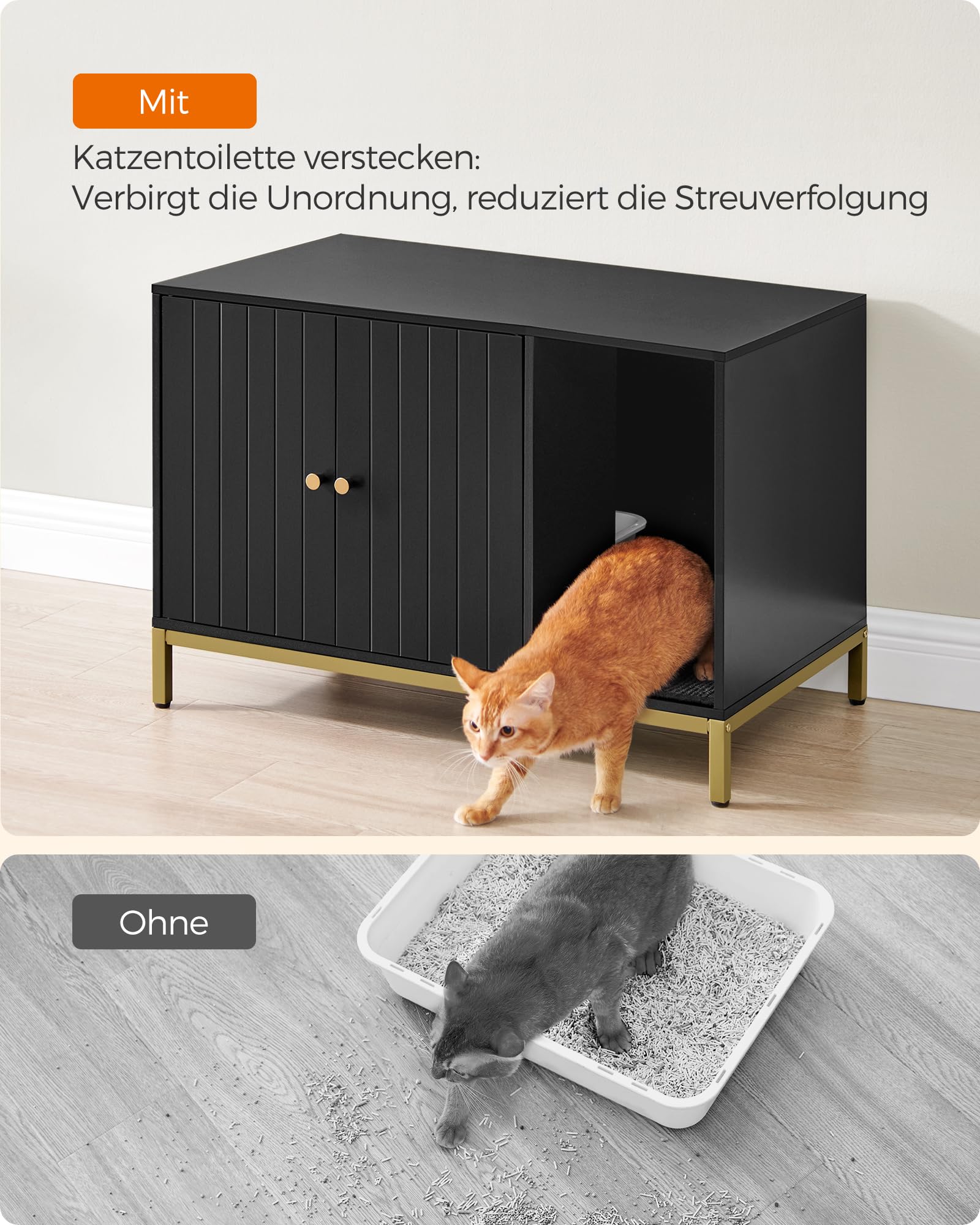 Feandrea Katzenklo-Schrank, Katzenhaus, Katzentoilette, mit Kratzmatte, hohe Beine, für Katzen, Beistelltisch, 80 x 50 x 55 cm, weiß-goldfarben PCL007W01