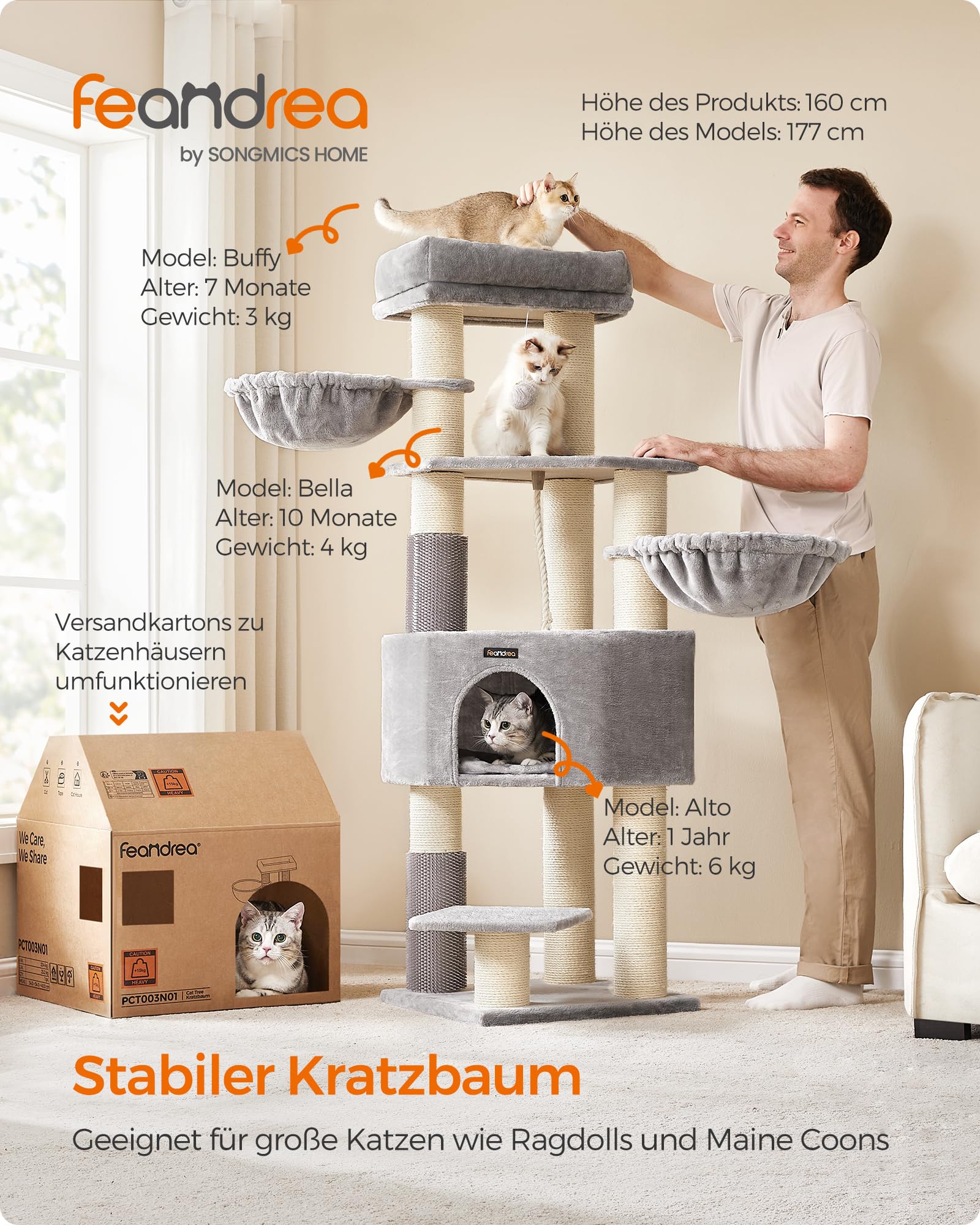 Feandrea Kratzbaum, mit warmen Decken, für große Katze, Katzenbaum, 2 Katzenbürsten, 11,1 cm d Dicke Stämme, große Plattformen, Höhle, 50 x 50 x 160 cm, Taubengrau-schwarz PCT003W01