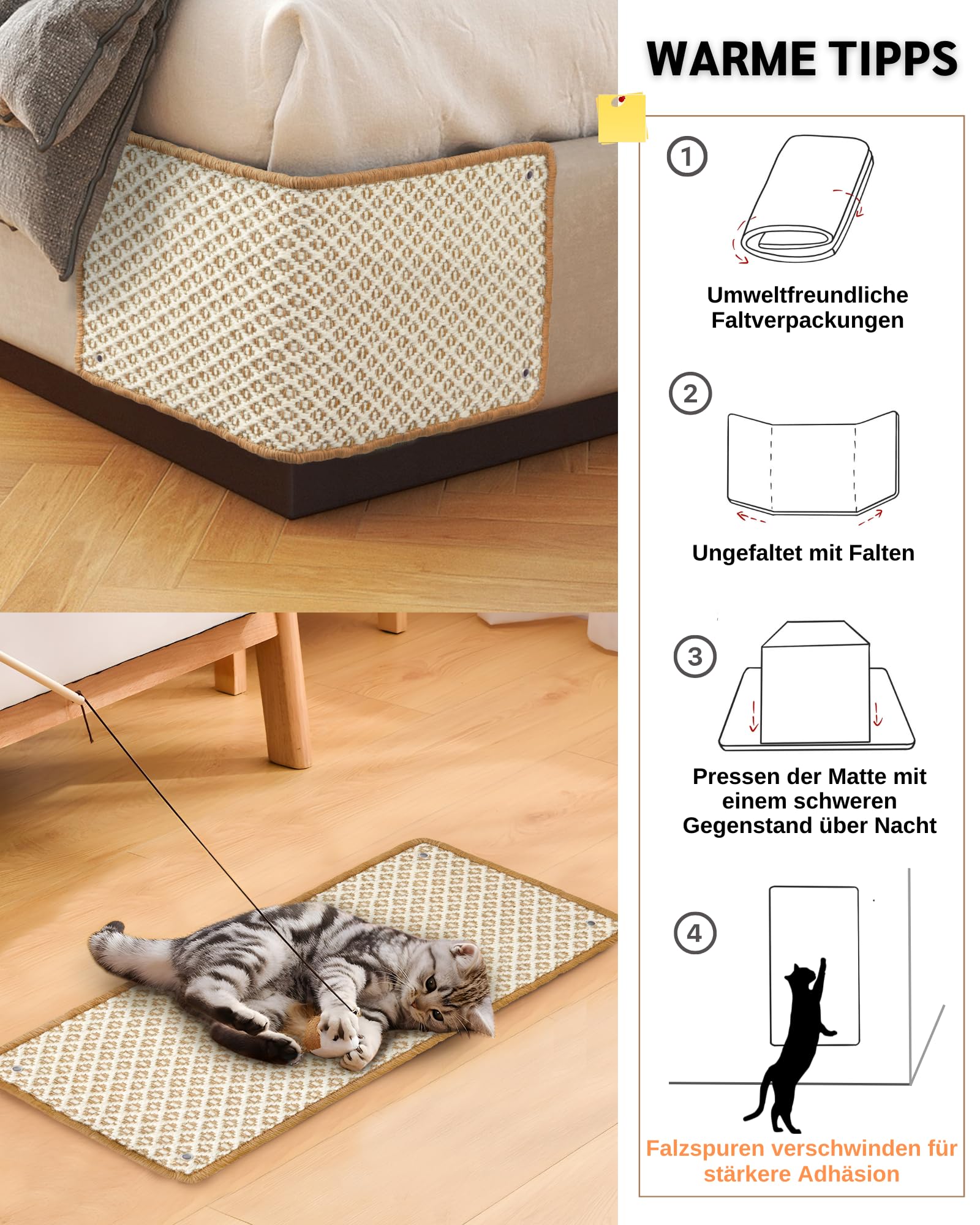 2 Stück Kratzmatte aus Sisal, Kratzmatte für Katzen, mit Klebeband, Katzenkratzmatte, Teppich zum Schutz der Wand, 60 × 25 cm (Braun)