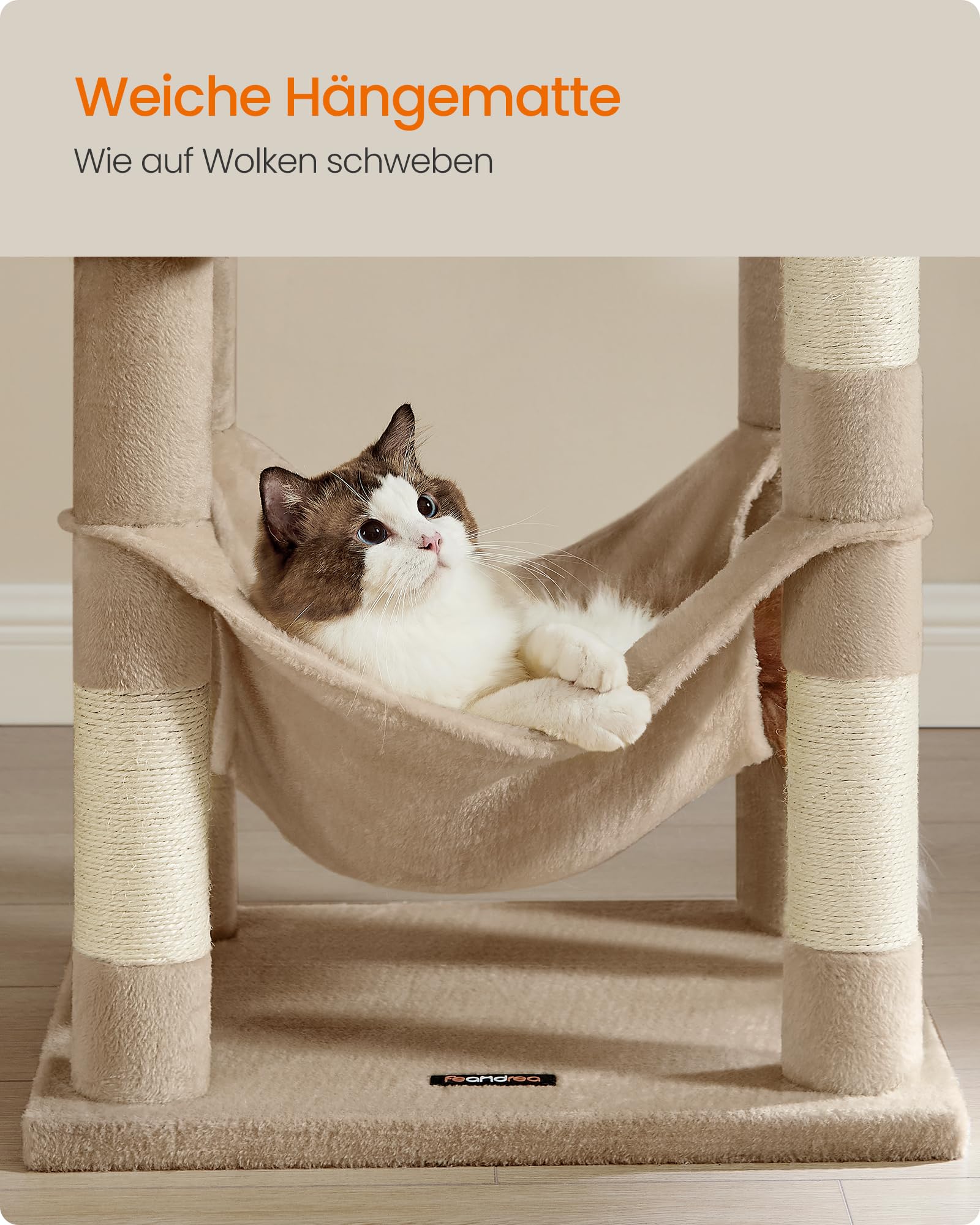 Feandrea Kratzbaum, 143 cm hoch, Katzenbaum, mehrstöckiges Katzenhaus, mit 4 Kratzsäulen, 2 Plattformen, Hängematte, Höhle, hellgrau PCT161W01