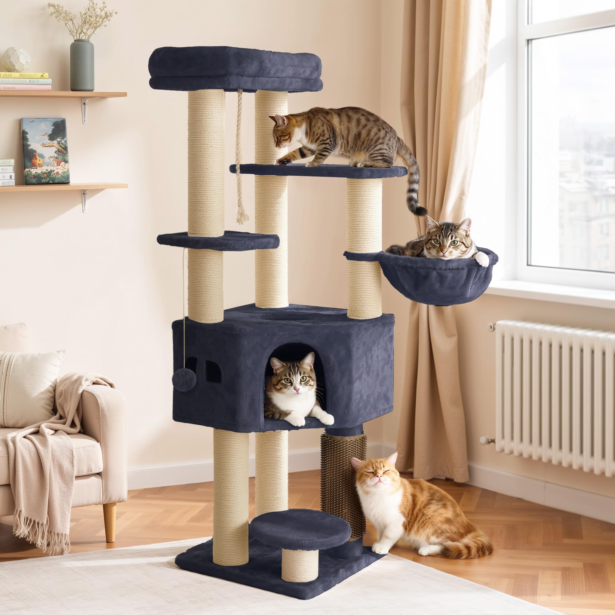 YITAHOME Kratzbaum, Katzenkratzbaum, für Große Katze, Katzenbaum, Katzenbürsten, 11 cm Dicke Stämme, Große Plattformen, Plüschkissen, Höhle, 50 x 50 x 157 cm, Beige
