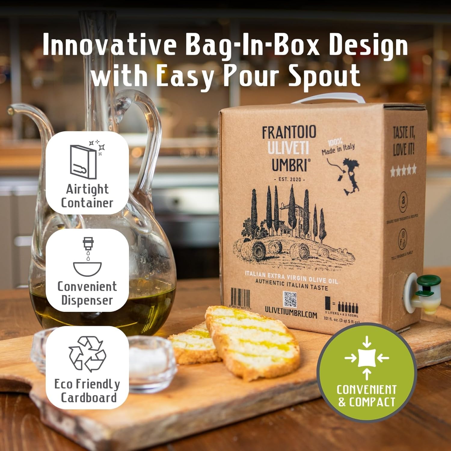Frantoio Uliveti Umbri Bag in Box Olive Oil | Authentic Italian Extra Virgin Olive Oil | Perfect for Finishes and Dressings | Cold Pressed 100% Made in Italy | Bag-in-Box 3L (101.4 Fl Oz)