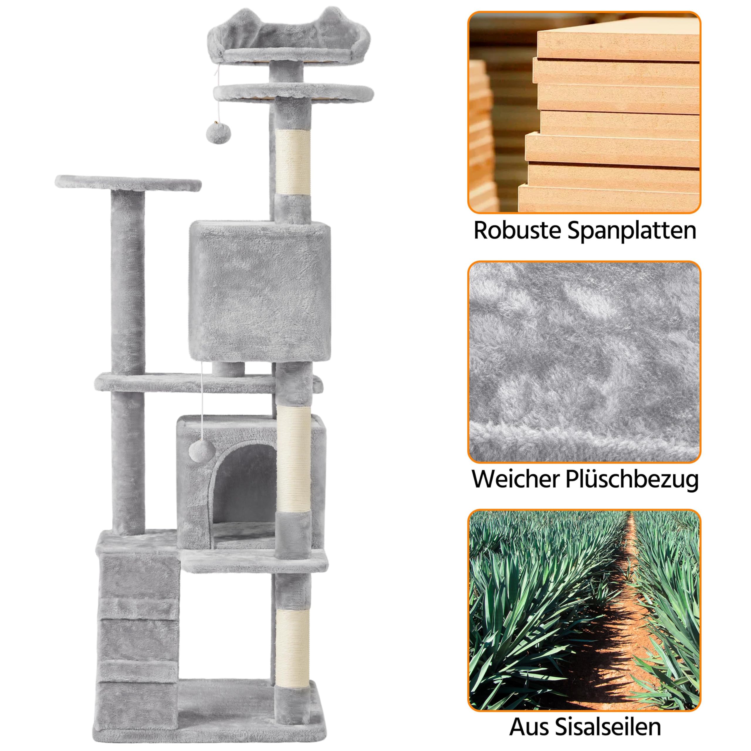 Yaheetech Kratzbaum Groß, 139 cm hoch, Mehrstöckiger Katzenbaum Kletterturm mit 3 Kratzsäulen, 3 Plattformen, 2 Gemütlichen Höhlen, 2 Plüschbällen, Stabiler Aktivitätsbereich für Katzen, Dunkelgrau