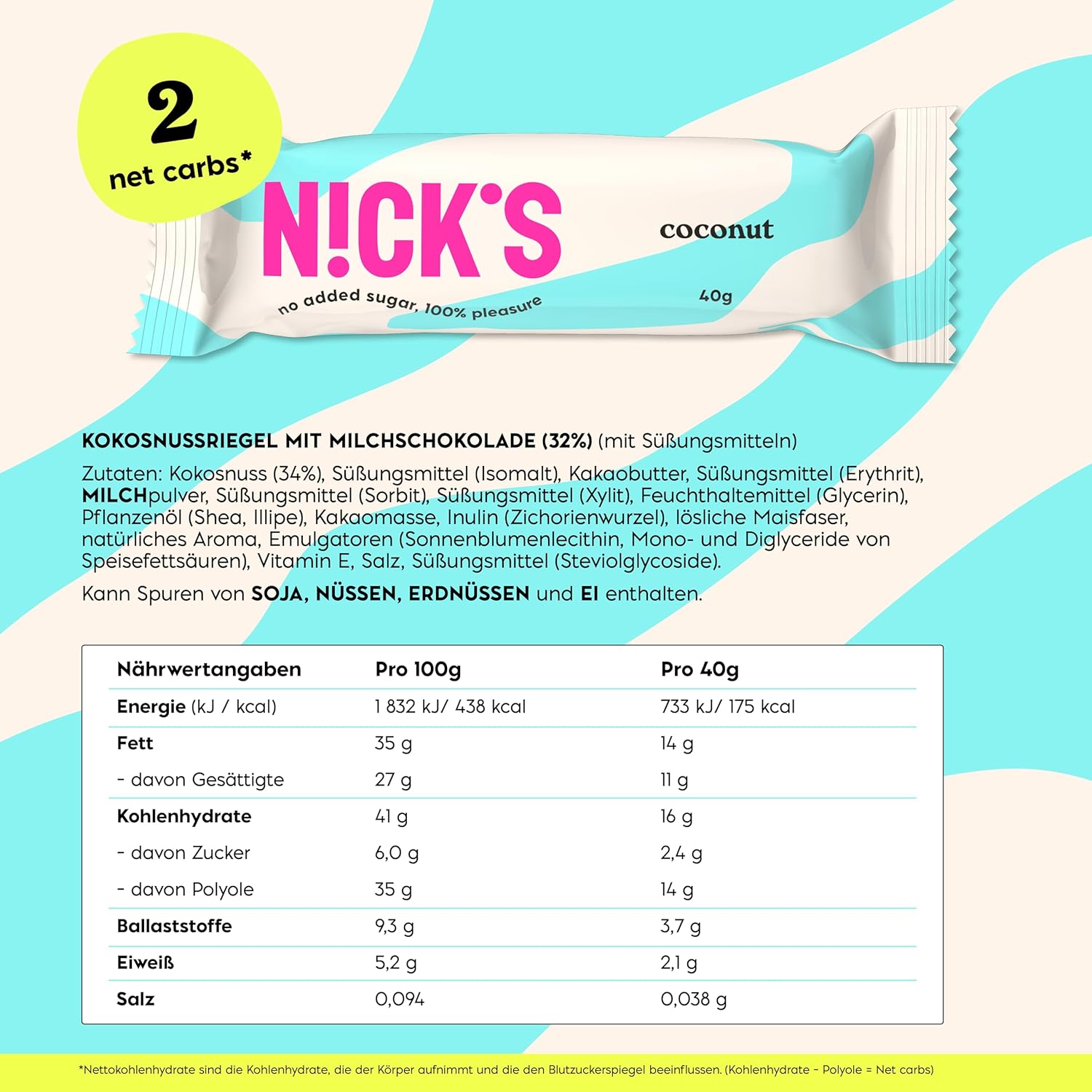 NICKS Keto Riegel Coconut, Schokolade Kokos Snacks, 175 Kalorien, 2 Net carbs, ohne Zuckerzusatz, Glutenfrei, Low carb Süssigkeiten (15x40g)