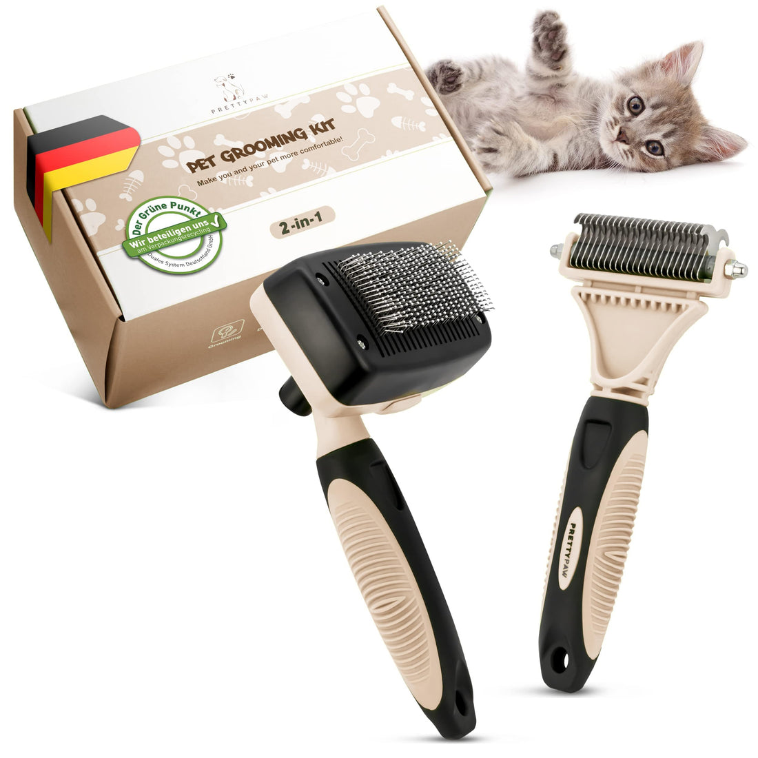 Pretty Paw Katzenbürsten Set mit Zupfbürste & Katzenkamm – Sanfte Fellpflege für Kurzhaar- & Langhaarkatzen, entfernt lose Haare und Unterwolle