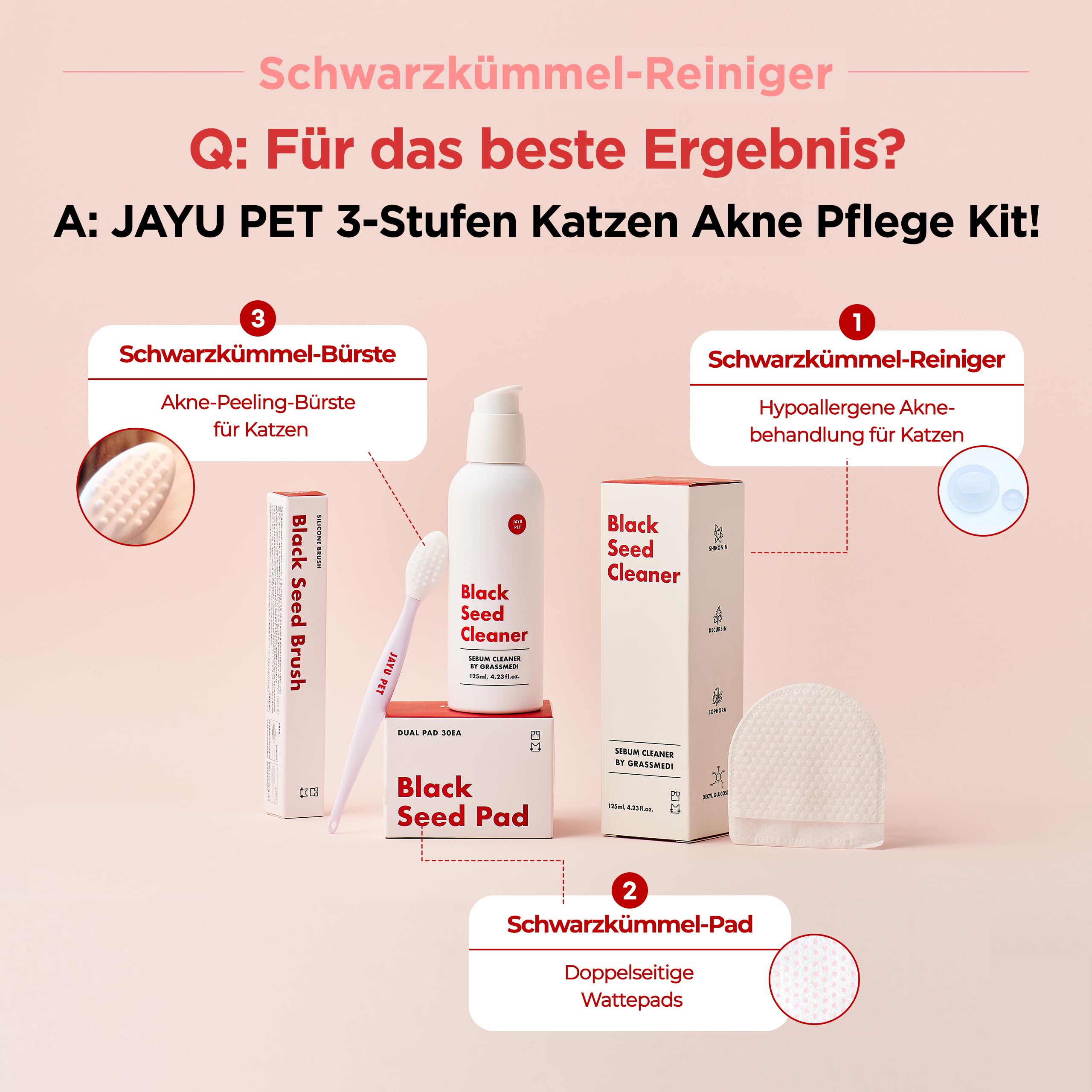 JAYU PET Schwarzkümmel-Reiniger - Kinnakne-Behandlung für Katzen, ungiftiger hypoallergener Reiniger, entfernt Mitesser am Katzenkinn und verbessert die Hautgesundheit (125 ml)