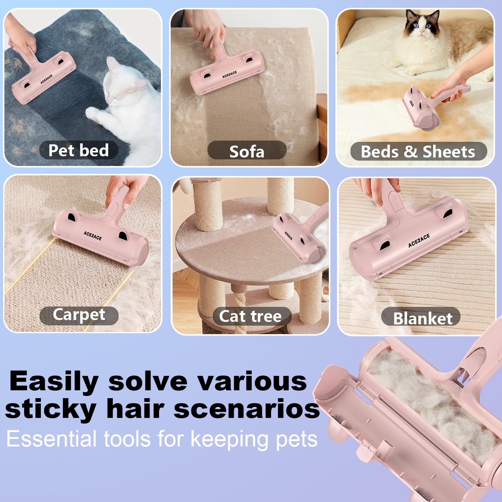 ACE2ACE Tierhaarentferner Fusselrolle, Fusselrolle für Hundehaare und Katzenhaare Wiederverwendbar, Fusselbürste für Tierhaar, für Sofa, Bett, Teppich, Kratzbaum, weiß