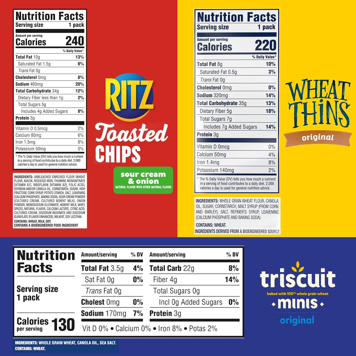 Nabisco Cracker Variety Pack, RITZ Toasted Chips, Wheat Thins Snacks Whole Grain Wheat Crackers and Triscuit Minis Whole Grain Wheat Vegan Crackers, 40 Snack Packs