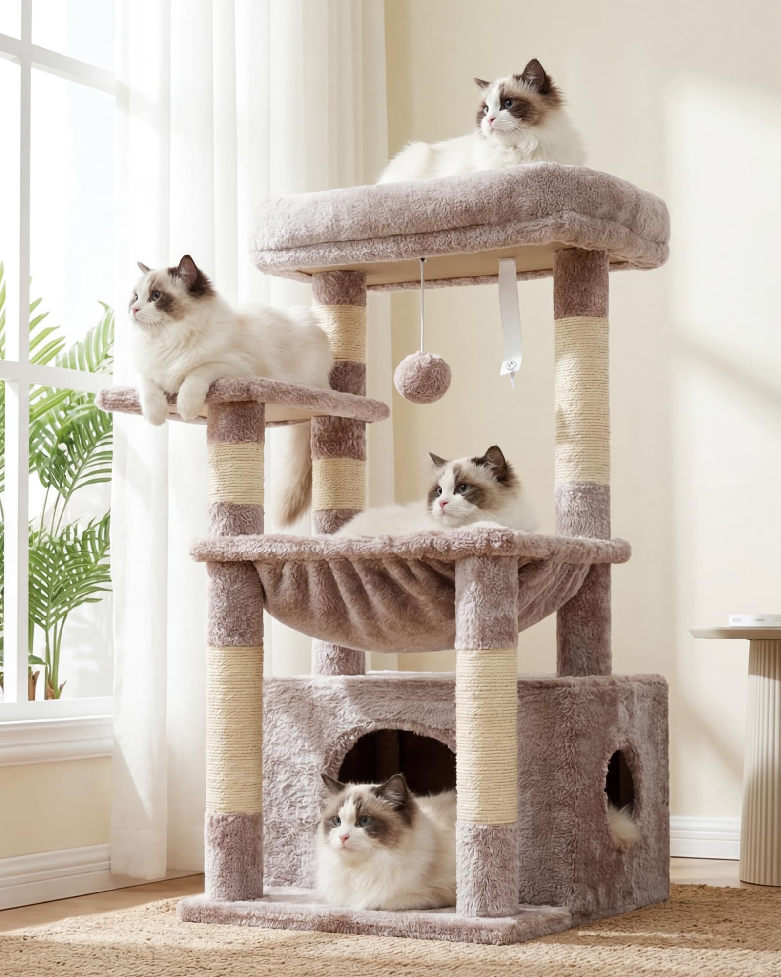 Heybly Kratzbaum, Katzenbaum mit Extra Großem, Weichem Katzenkorb, Katzenkratzbaum mit Geräumigem Katzenbett und Verstecktem Schlafplatz, Robusten Sisal-Kratzsäulen, Hellgrau HCT008SW