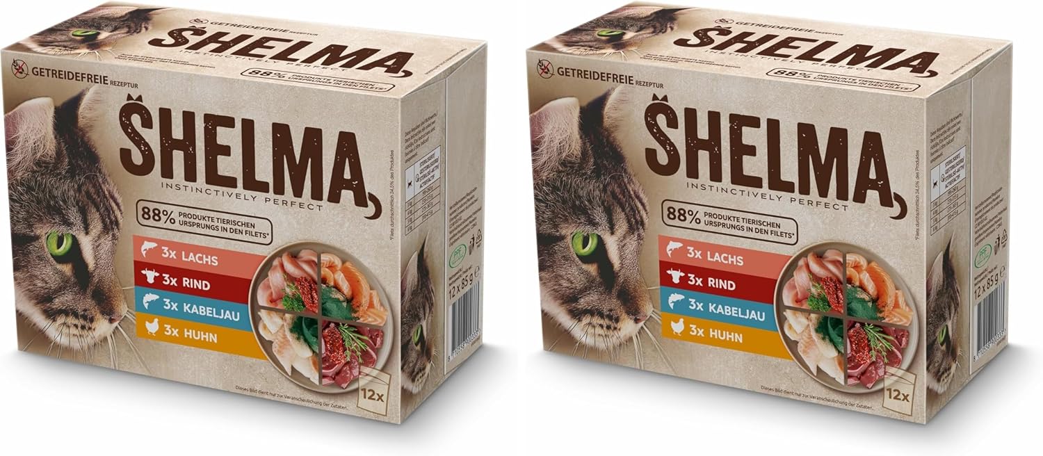 Shelma Katzen-Nassfutter Fleisch Megapack mit den Sorten Rind, Truthahn, Huhn und Ente – Getreidefreies Alleinfuttermittel mit hohem Fleischanteil – 40 x 85 g (3,4 kg)