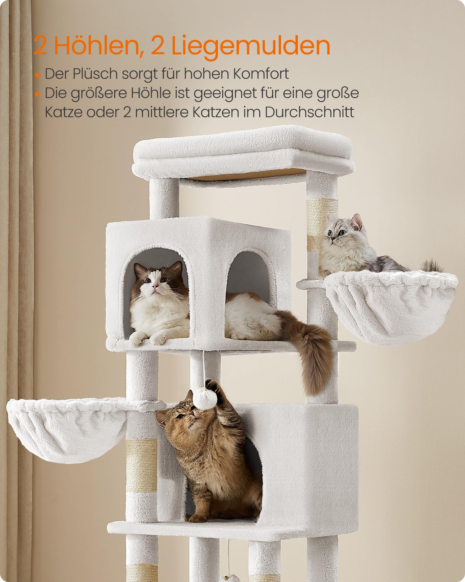 Feandrea Kratzbaum, 175 cm hoch, XL, mehrstöckiger Katzenbaum mit 2 Höhlen, 2 Liegemulden, 5 Kratzsäulen, Katzenbürste, große Plattform, Taubengrau PCT182G01