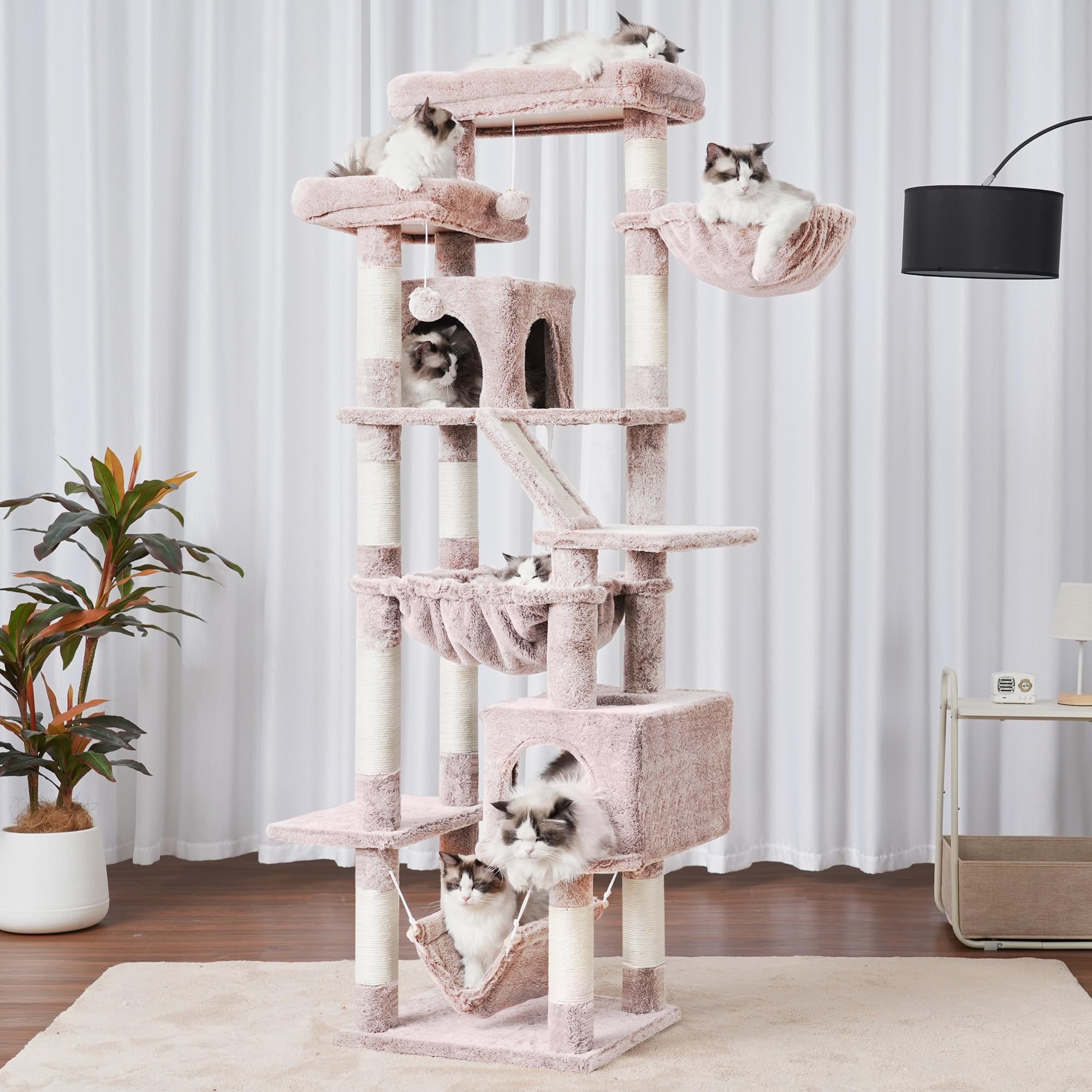 Heybly Kratzbaum, 180 cm Hoher Katzenturm für Wohnungskatzen mit 2 Plattformen, 2 Großen Schlafhäusern, 2 Hängematten, Korb und Kratzbrett, Großes Katzenmöbel mit Schlafplatz, Hellgrau HCT034W