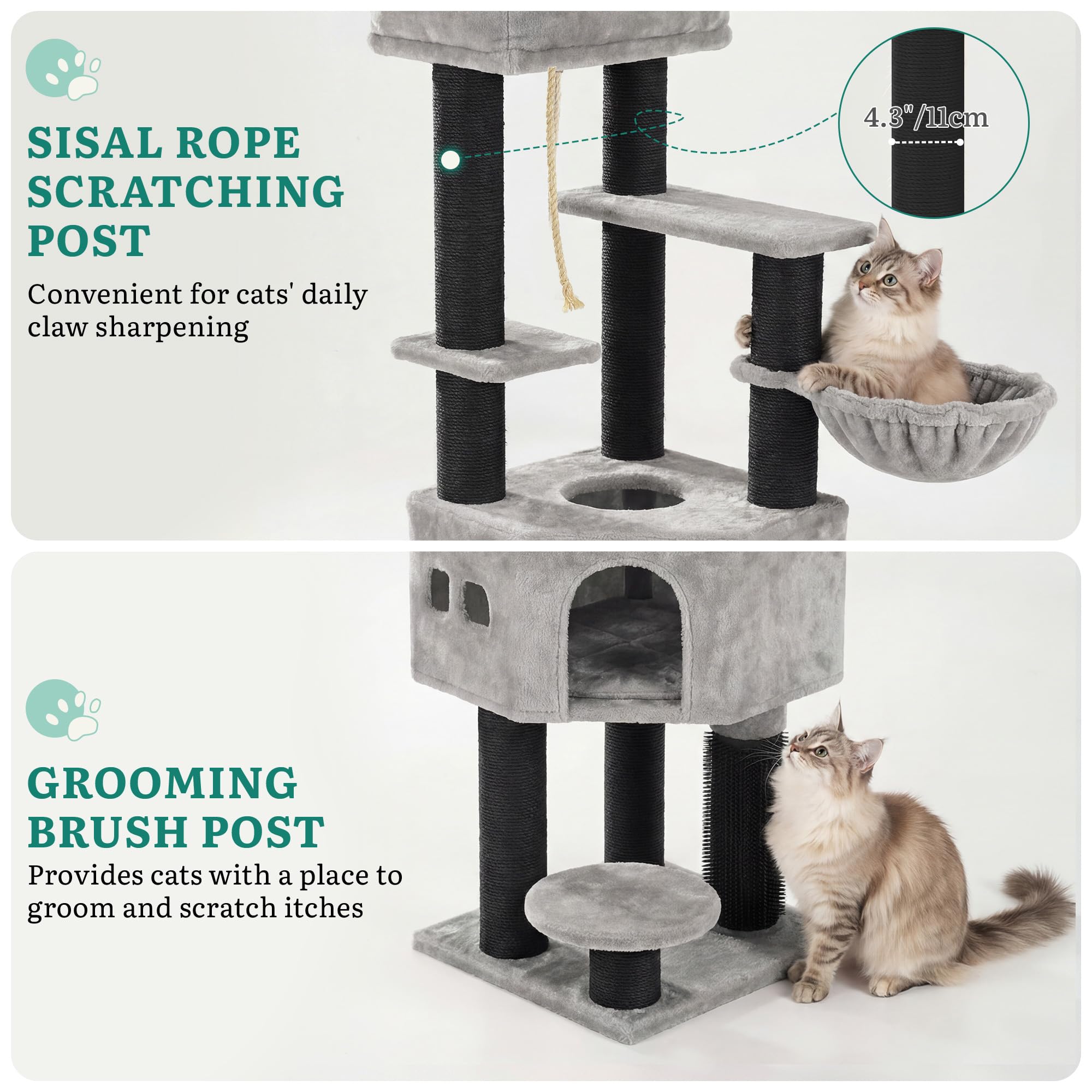 YITAHOME Kratzbaum, Katzenkratzbaum, für Große Katze, Katzenbaum, Katzenbürsten, 11 cm Dicke Stämme, Große Plattformen, Plüschkissen, Höhle, 50 x 50 x 157 cm, Beige