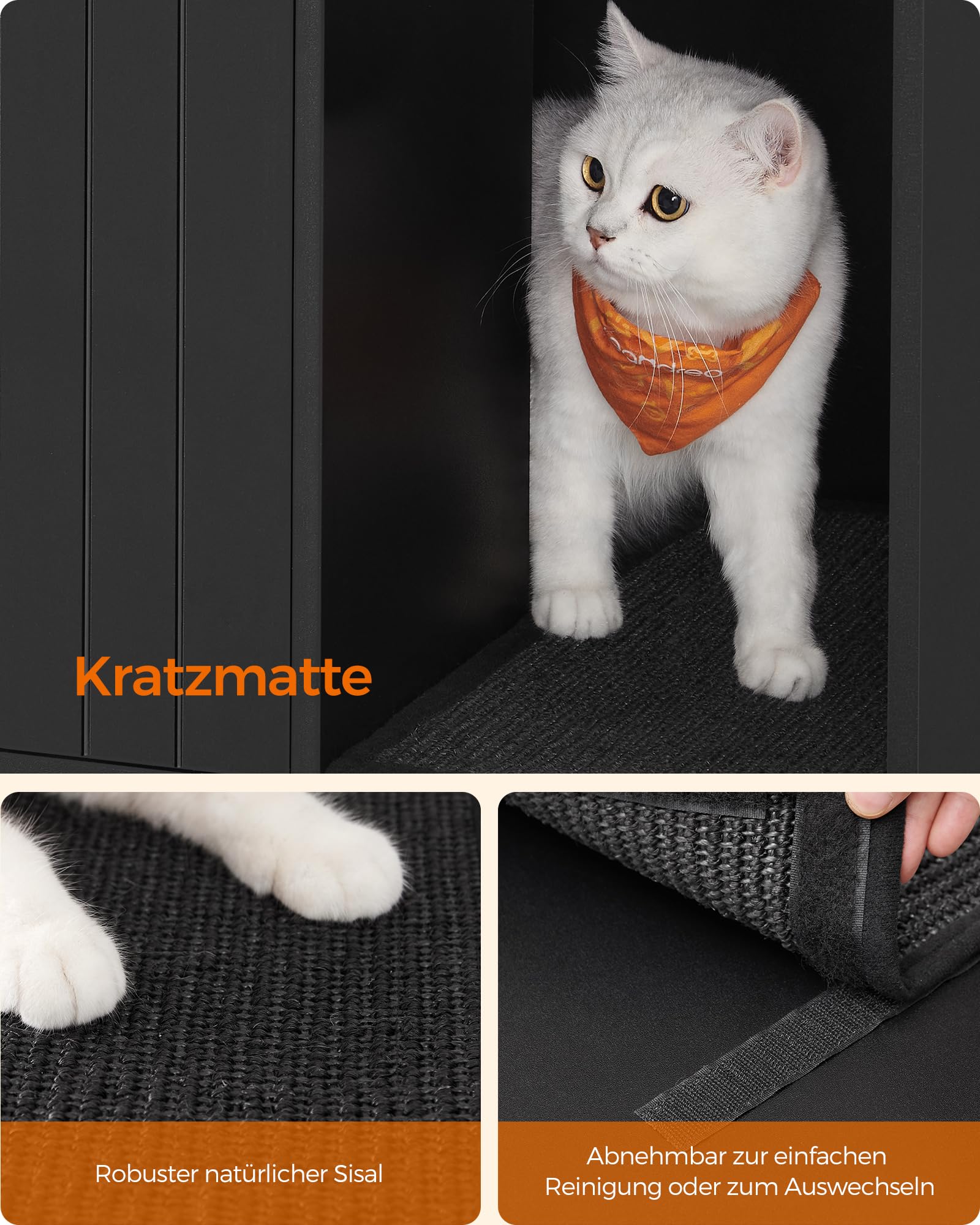 Feandrea Katzenklo-Schrank, Katzenhaus, Katzentoilette, mit Kratzmatte, hohe Beine, für Katzen, Beistelltisch, 80 x 50 x 55 cm, weiß-goldfarben PCL007W01